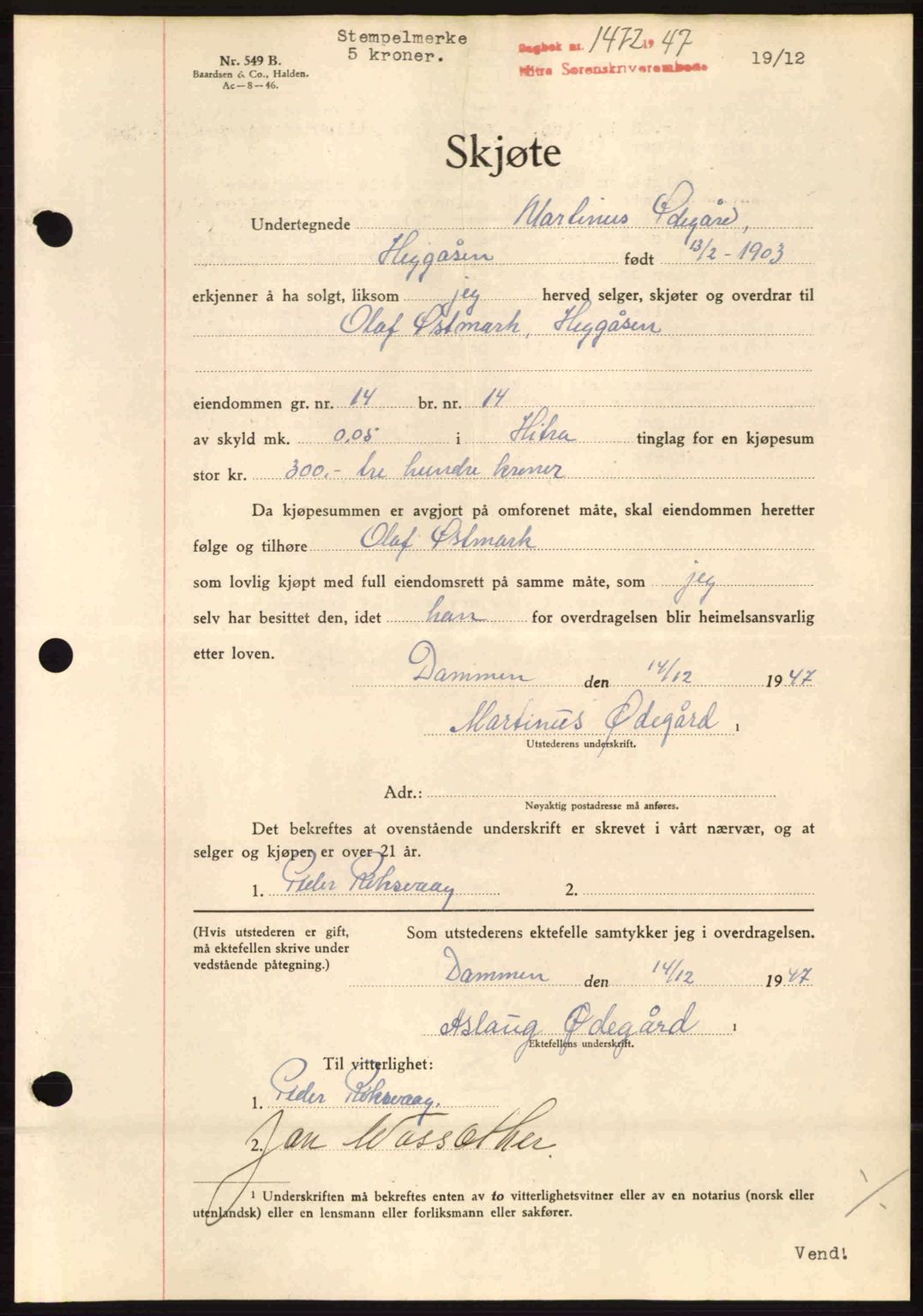 Hitra sorenskriveri, AV/SAT-A-0018/2/2C/2Ca: Mortgage book no. A5, 1947-1948, Diary no: : 1472/1947