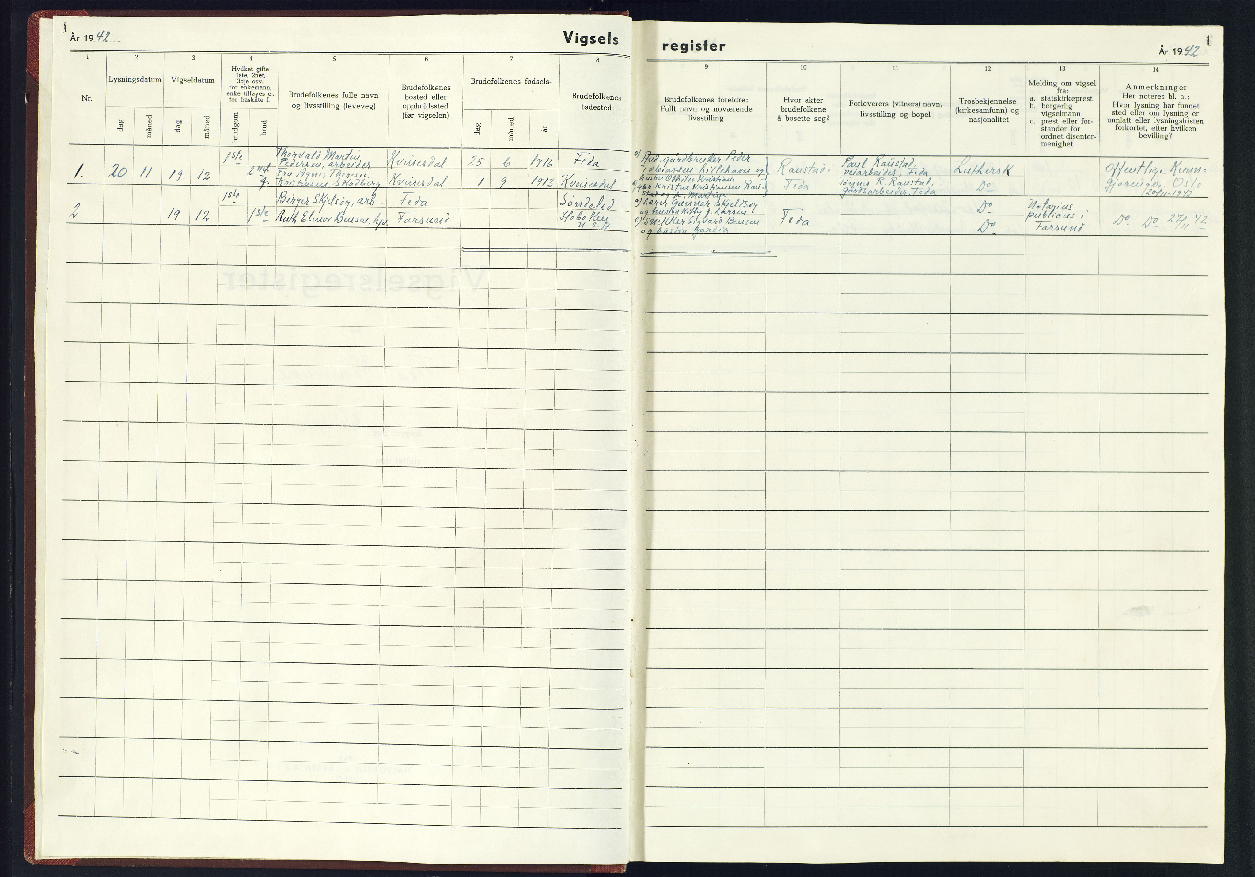 Kvinesdal sokneprestkontor, SAK/1111-0026/J/Jb/L0002: Marriage register no. II.6.2, 1942-1944, p. 1