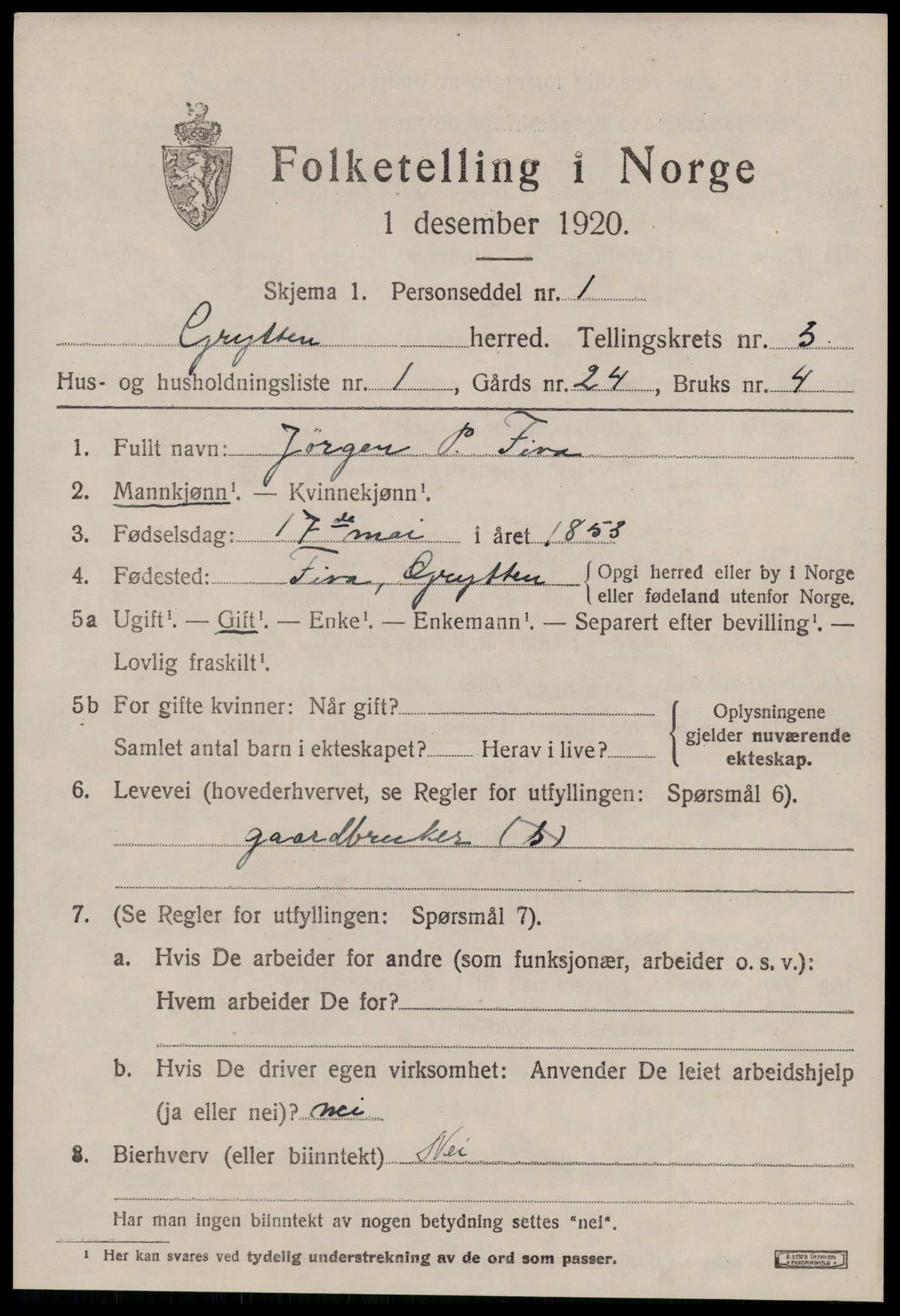 SAT, 1920 census for Grytten, 1920, p. 2224