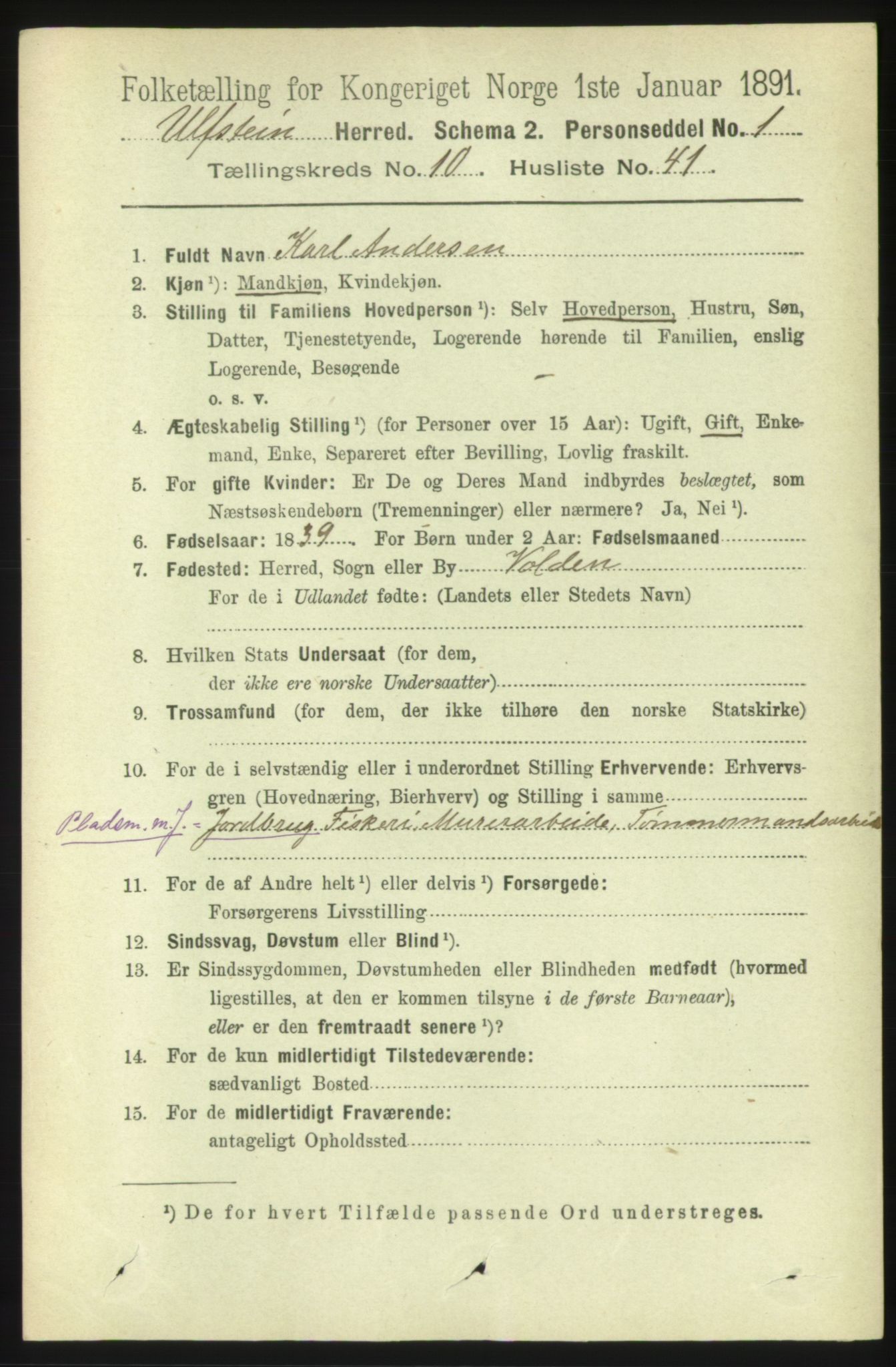 RA, 1891 census for 1516 Ulstein, 1891, p. 3389