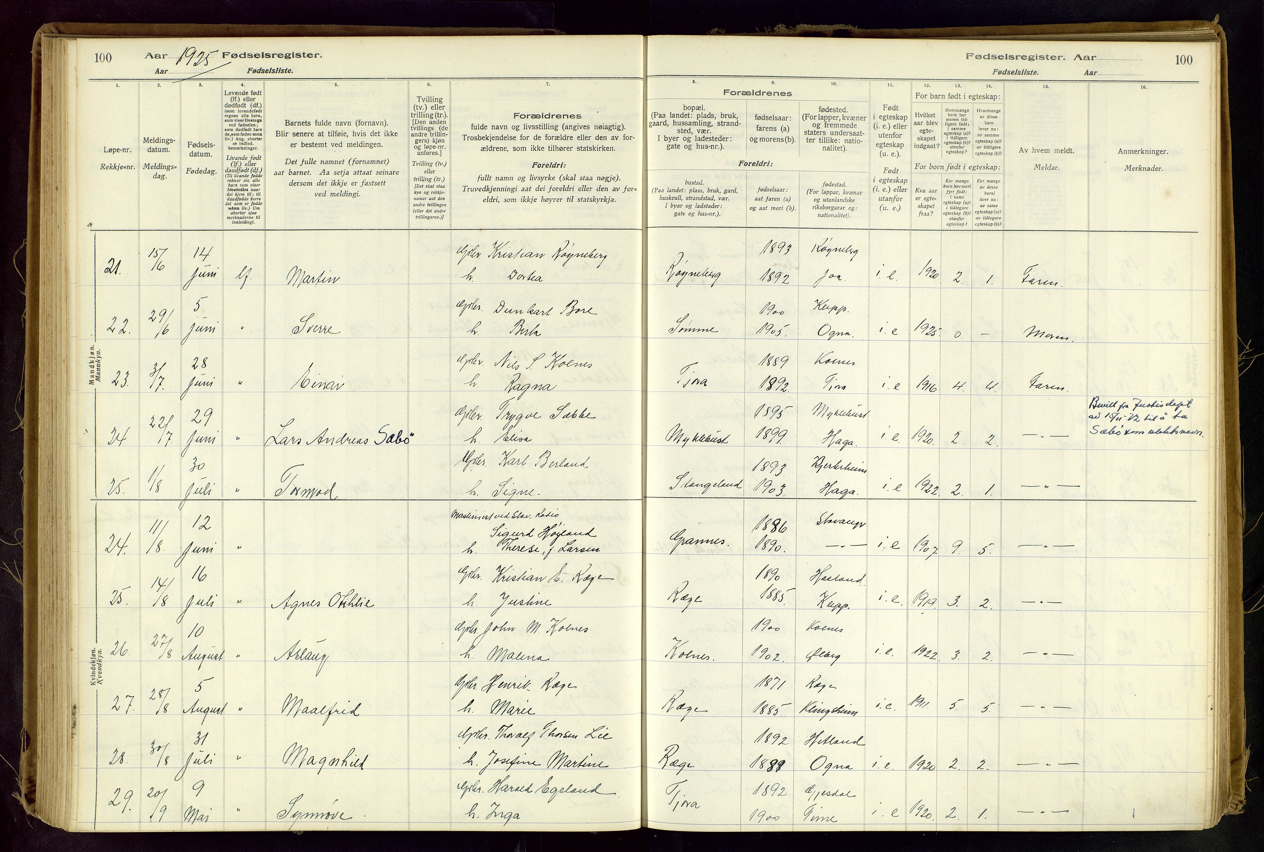 Håland sokneprestkontor, AV/SAST-A-101802/001/704BA/L0001: Birth register no. 1, 1916-1936, p. 100