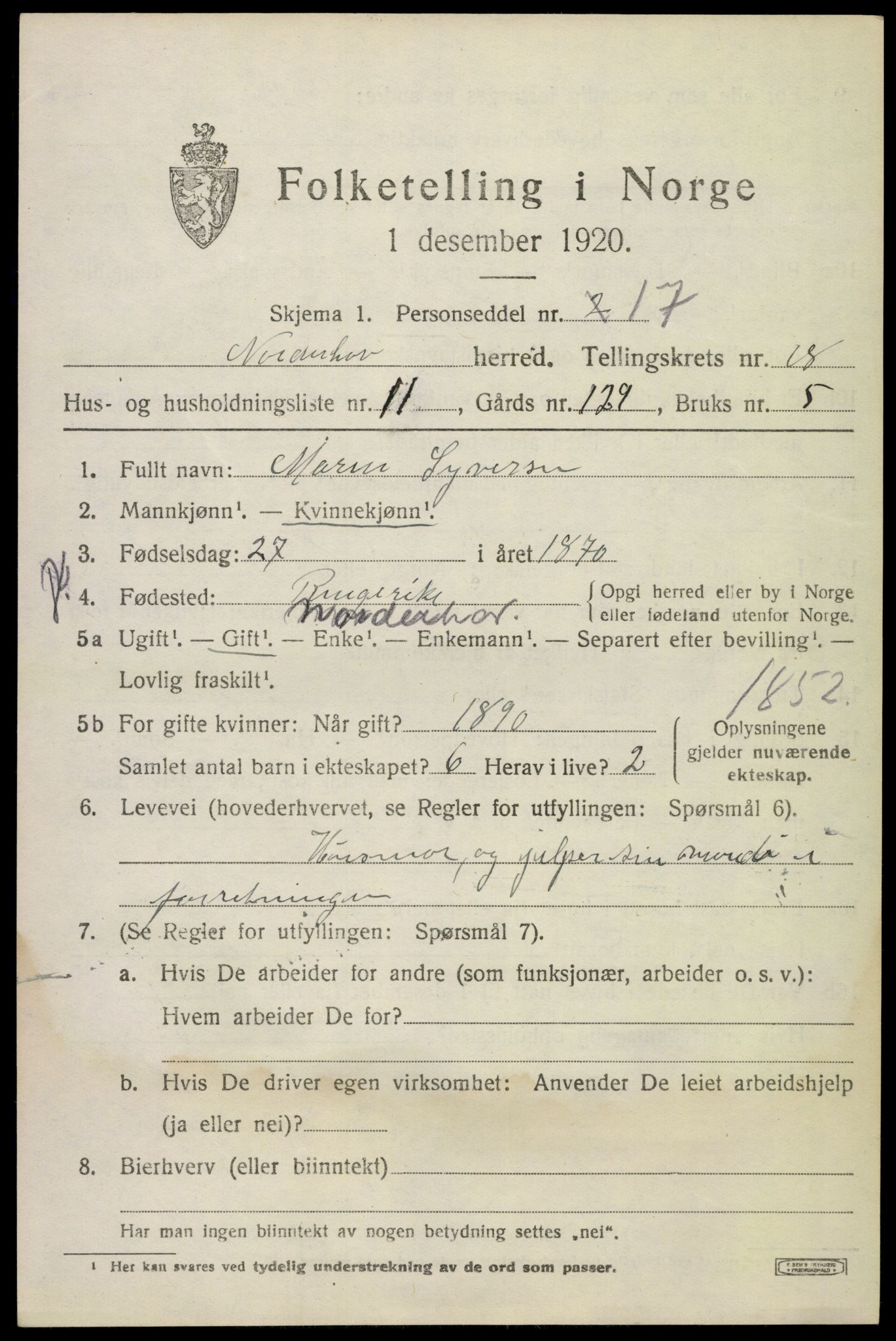 SAKO, 1920 census for Norderhov, 1920, p. 19750