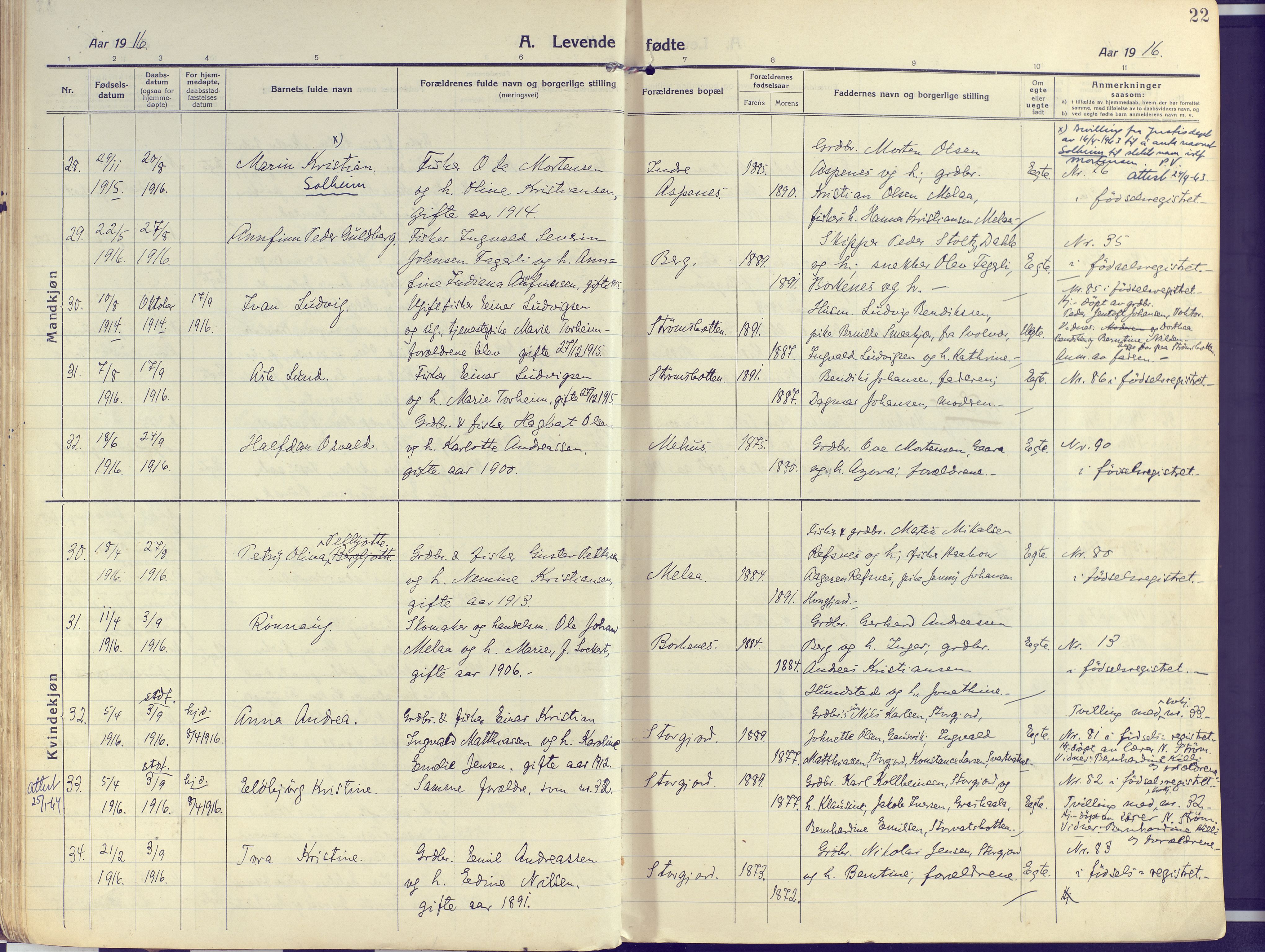 Kvæfjord sokneprestkontor, AV/SATØ-S-1323/G/Ga/Gaa/L0007kirke: Parish register (official) no. 7, 1915-1931, p. 22