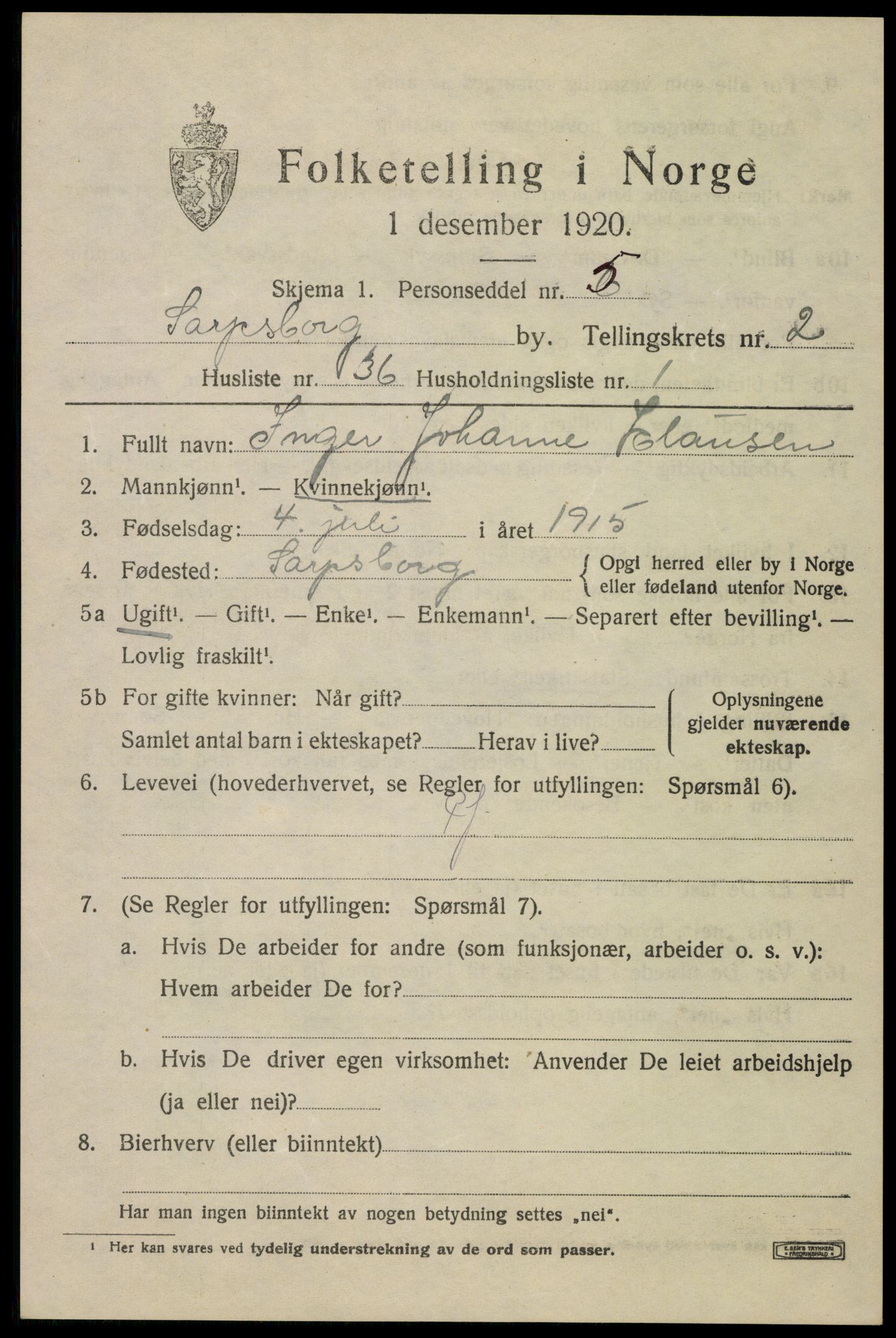 SAO, 1920 census for Sarpsborg, 1920, p. 9958