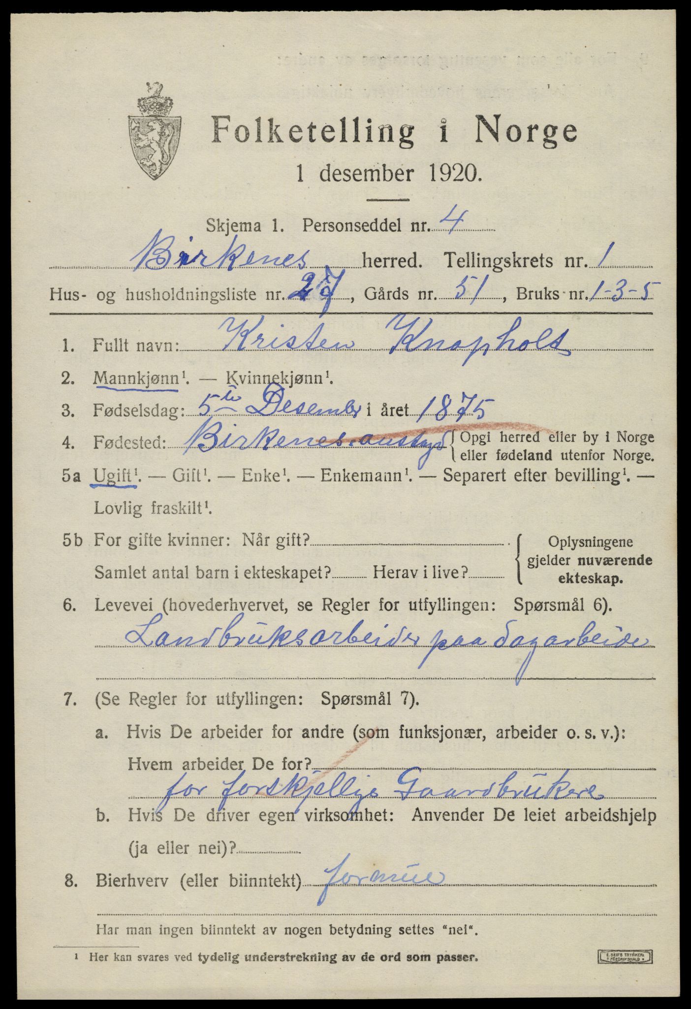 SAK, 1920 census for Birkenes, 1920, p. 1061