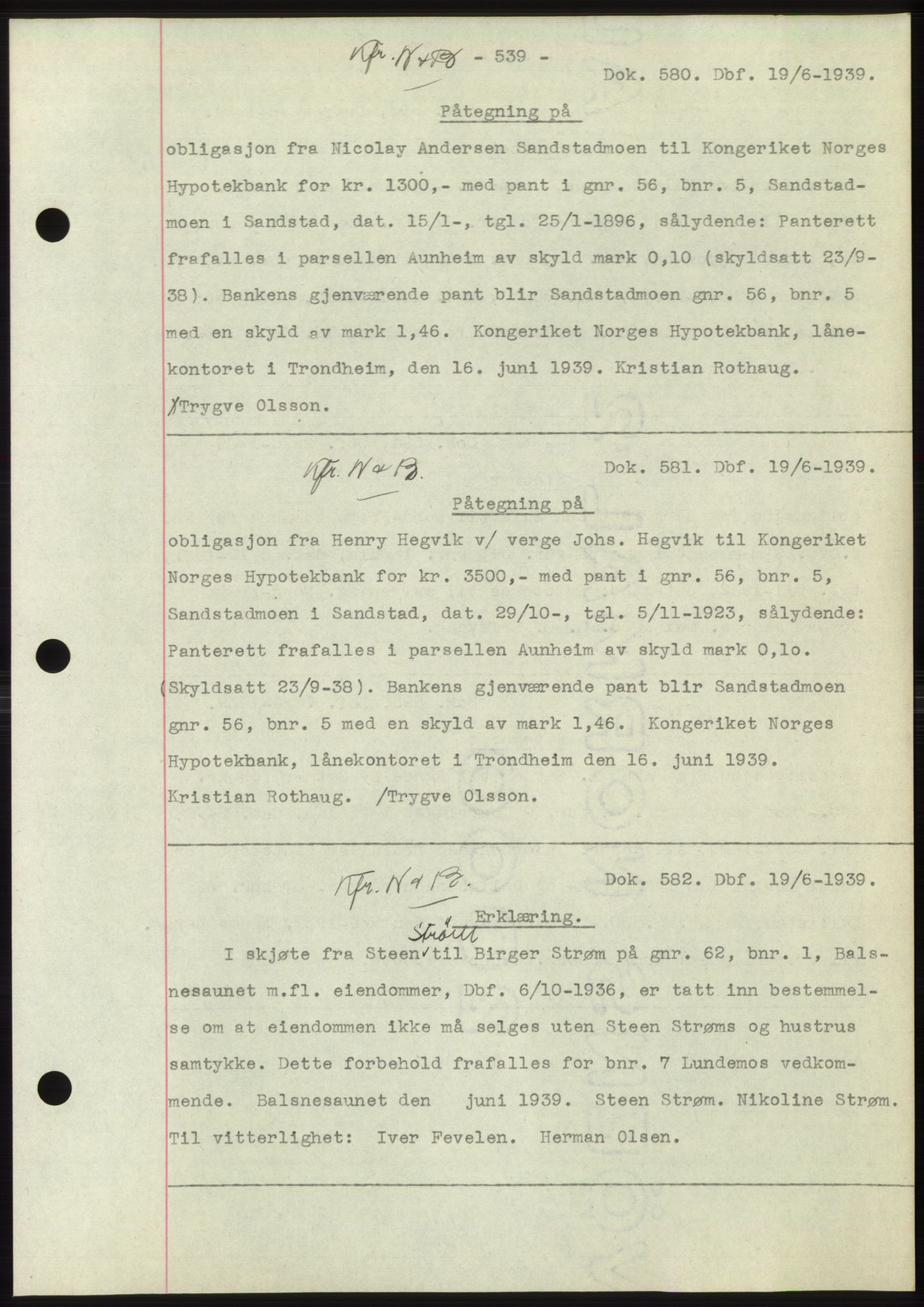 Hitra sorenskriveri, AV/SAT-A-0018/2/2C/2Ca: Mortgage book no. C1, 1936-1945, Diary no: : 580/1939