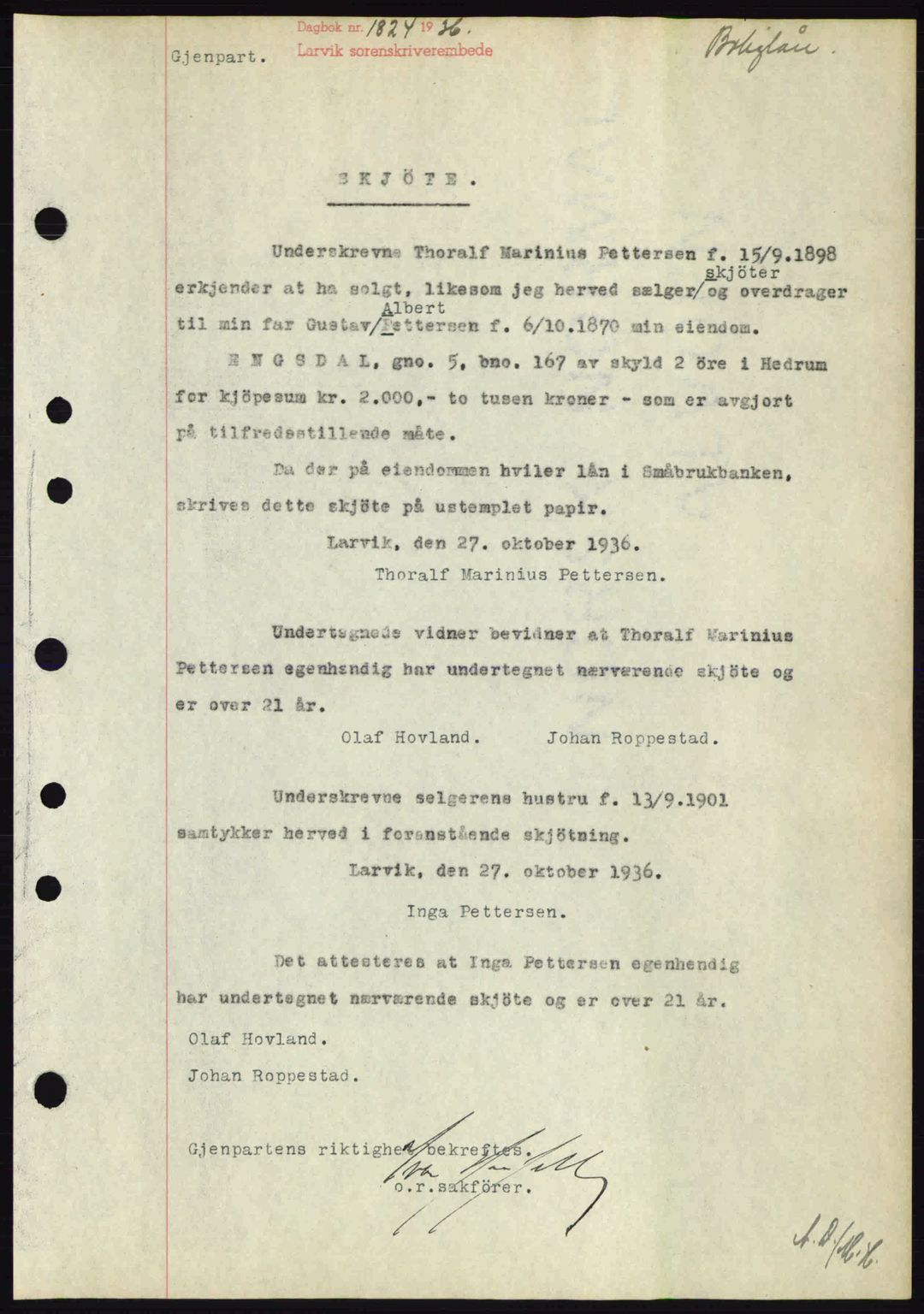 Larvik sorenskriveri, SAKO/A-83/G/Ga/Gab/L0067: Mortgage book no. A-1, 1936-1937, Diary no: : 1824/1936