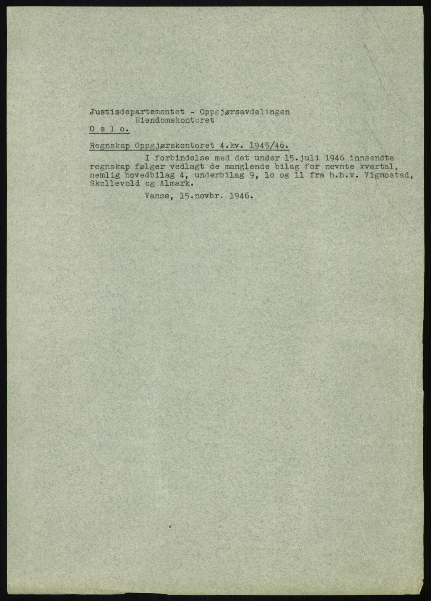 Forsvarsdepartementet, 10. kontor / Oppgjørskontoret, AV/RA-RAFA-1225/D/Db/L0180: Lista oppgjørskontor, 1942-1952, p. 7