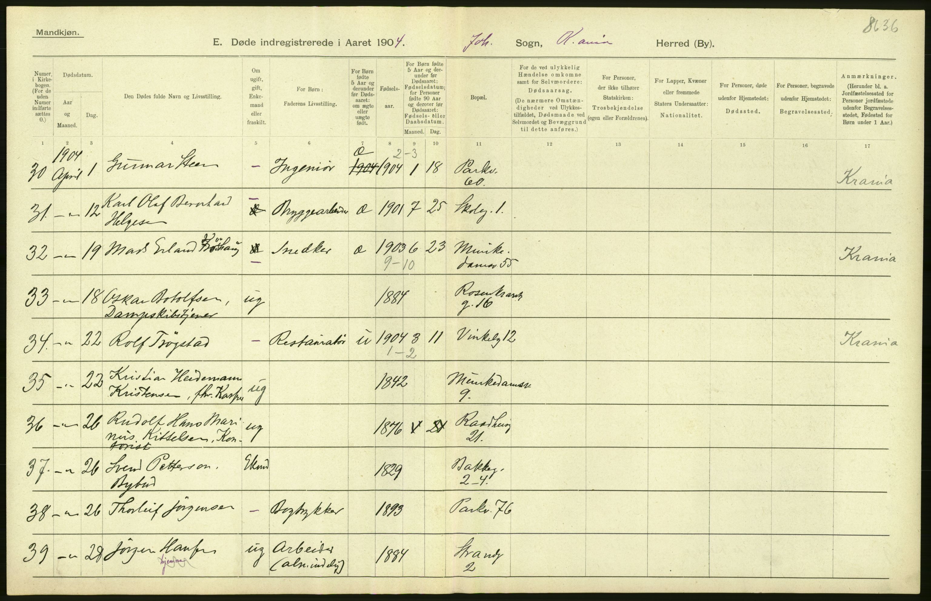 Statistisk sentralbyrå, Sosiodemografiske emner, Befolkning, AV/RA-S-2228/D/Df/Dfa/Dfab/L0004: Kristiania: Gifte, døde, 1904, p. 466