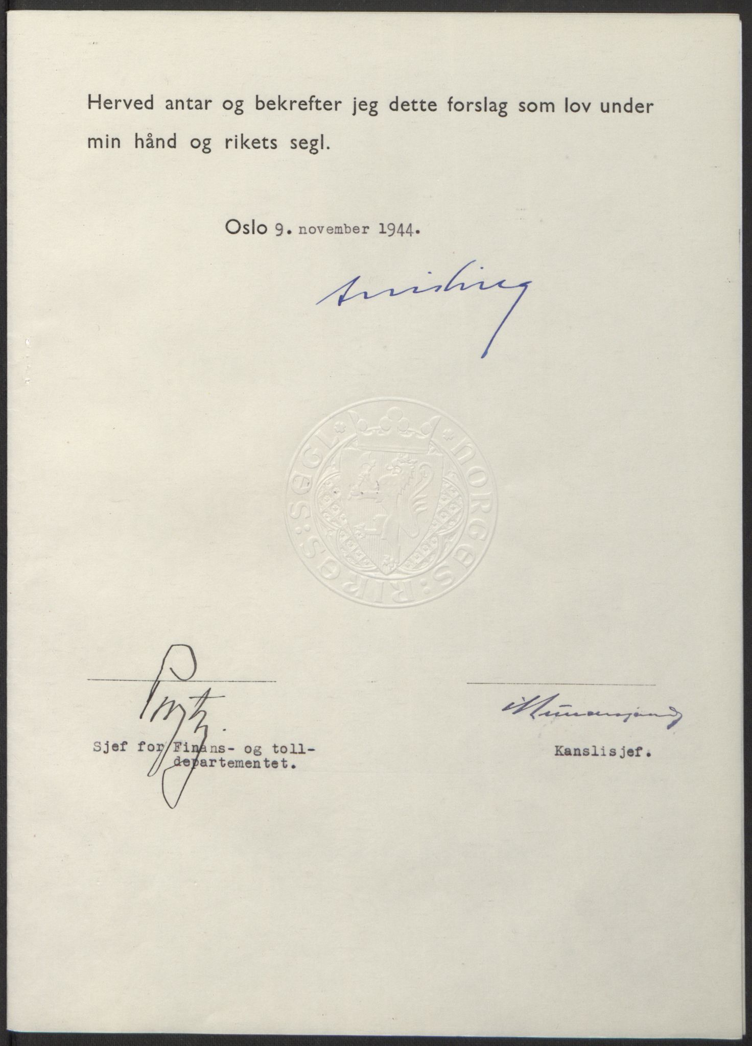 NS-administrasjonen 1940-1945 (Statsrådsekretariatet, de kommisariske statsråder mm), AV/RA-S-4279/D/Db/L0100: Lover, 1944, p. 577