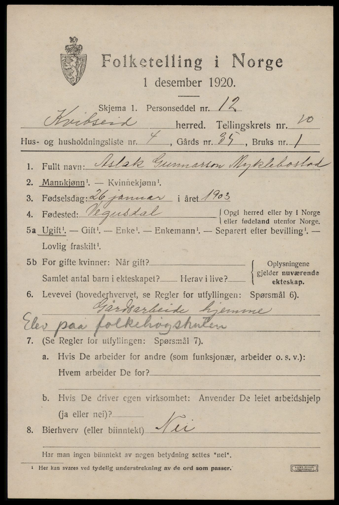 SAKO, 1920 census for Kviteseid, 1920, p. 4711