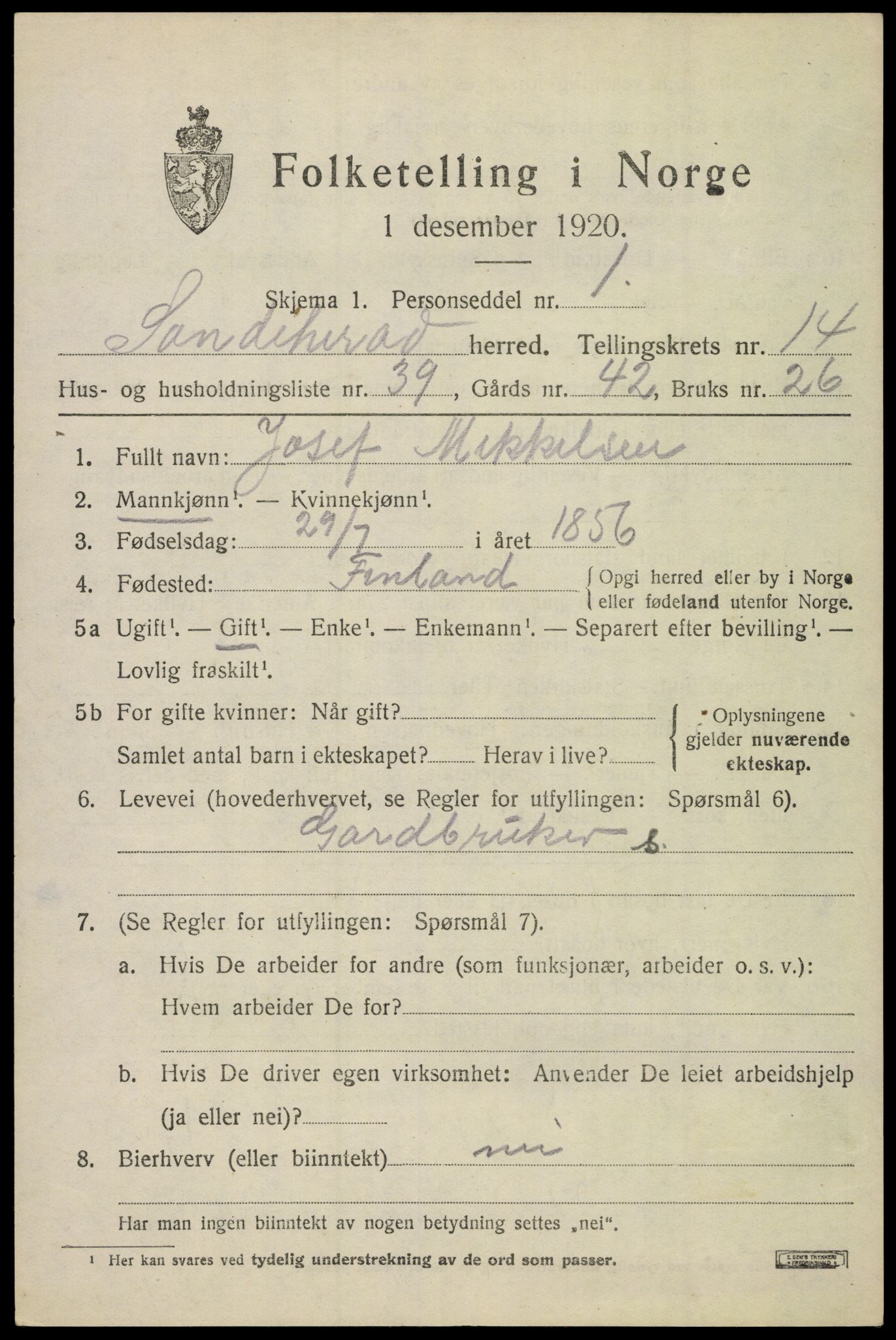 SAKO, 1920 census for Sandeherred, 1920, p. 20716