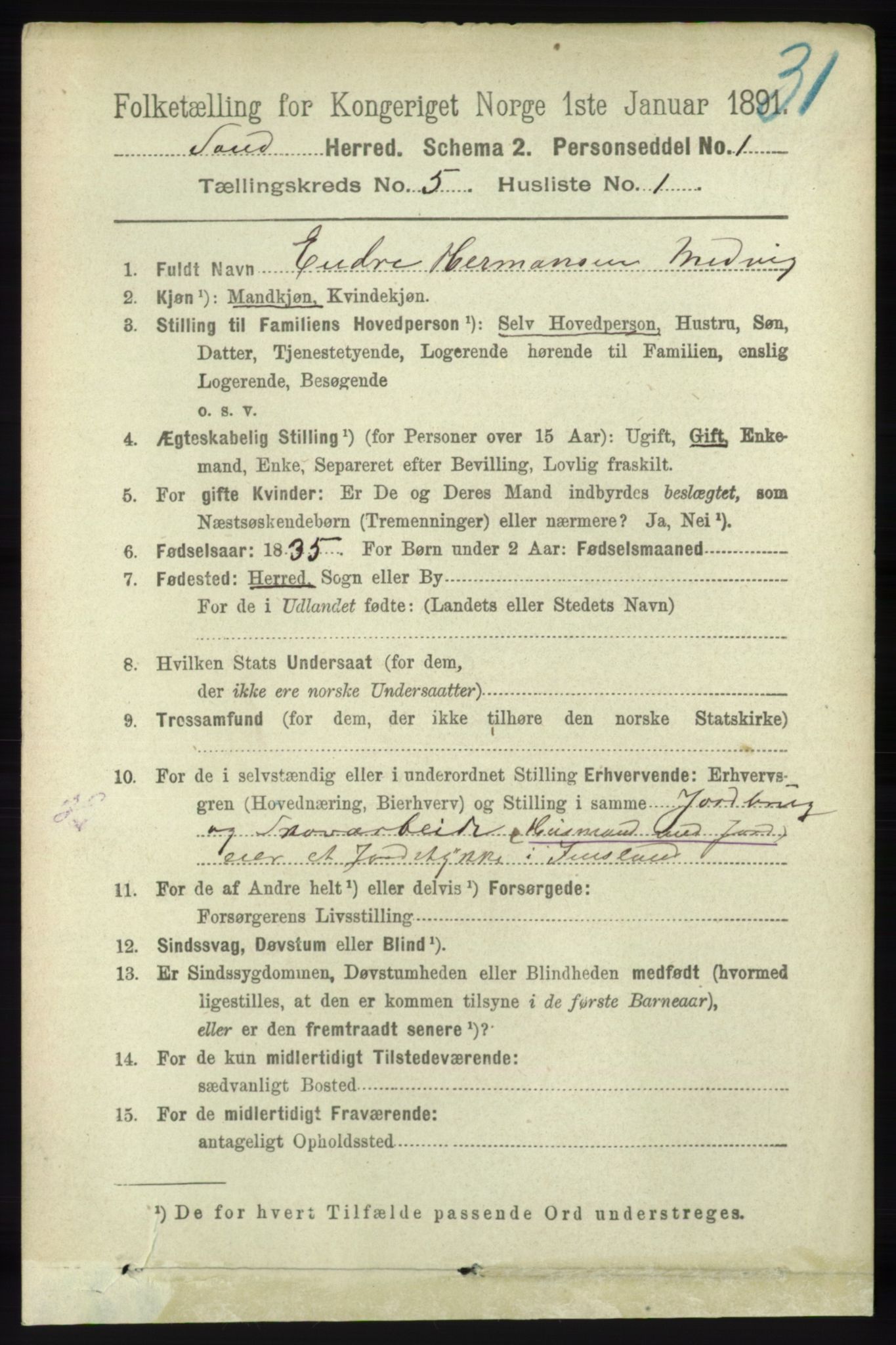 RA, 1891 census for 1136 Sand, 1891, p. 1549