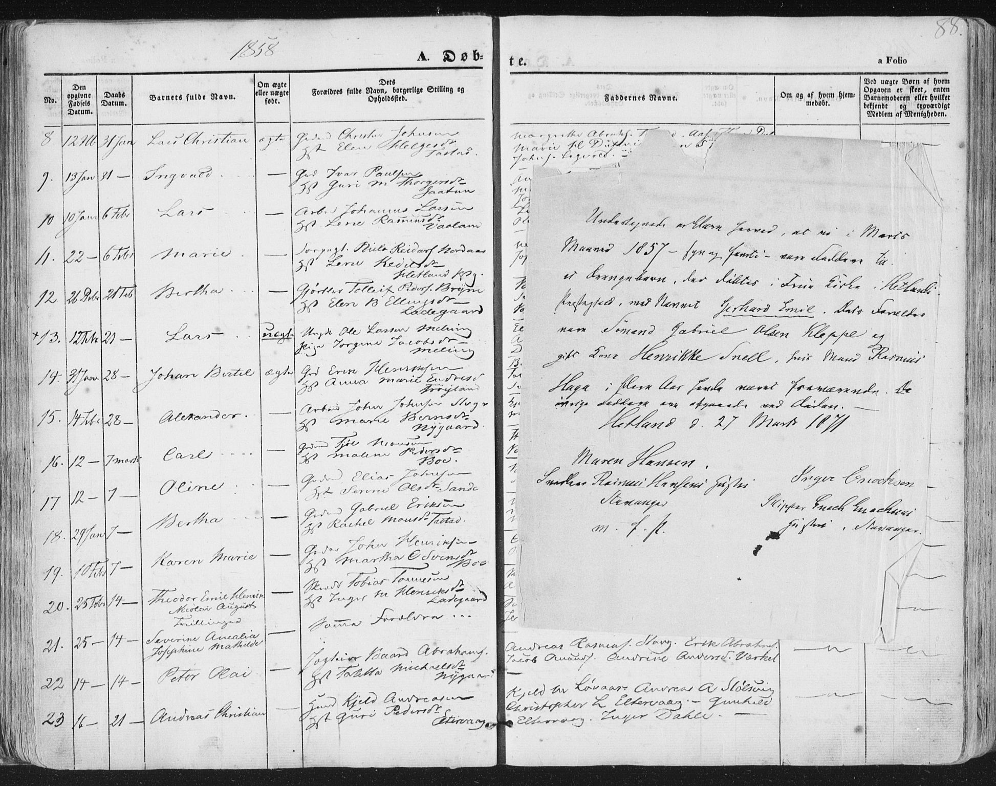 Hetland sokneprestkontor, AV/SAST-A-101826/30/30BA/L0002: Parish register (official) no. A 2, 1849-1869, p. 88