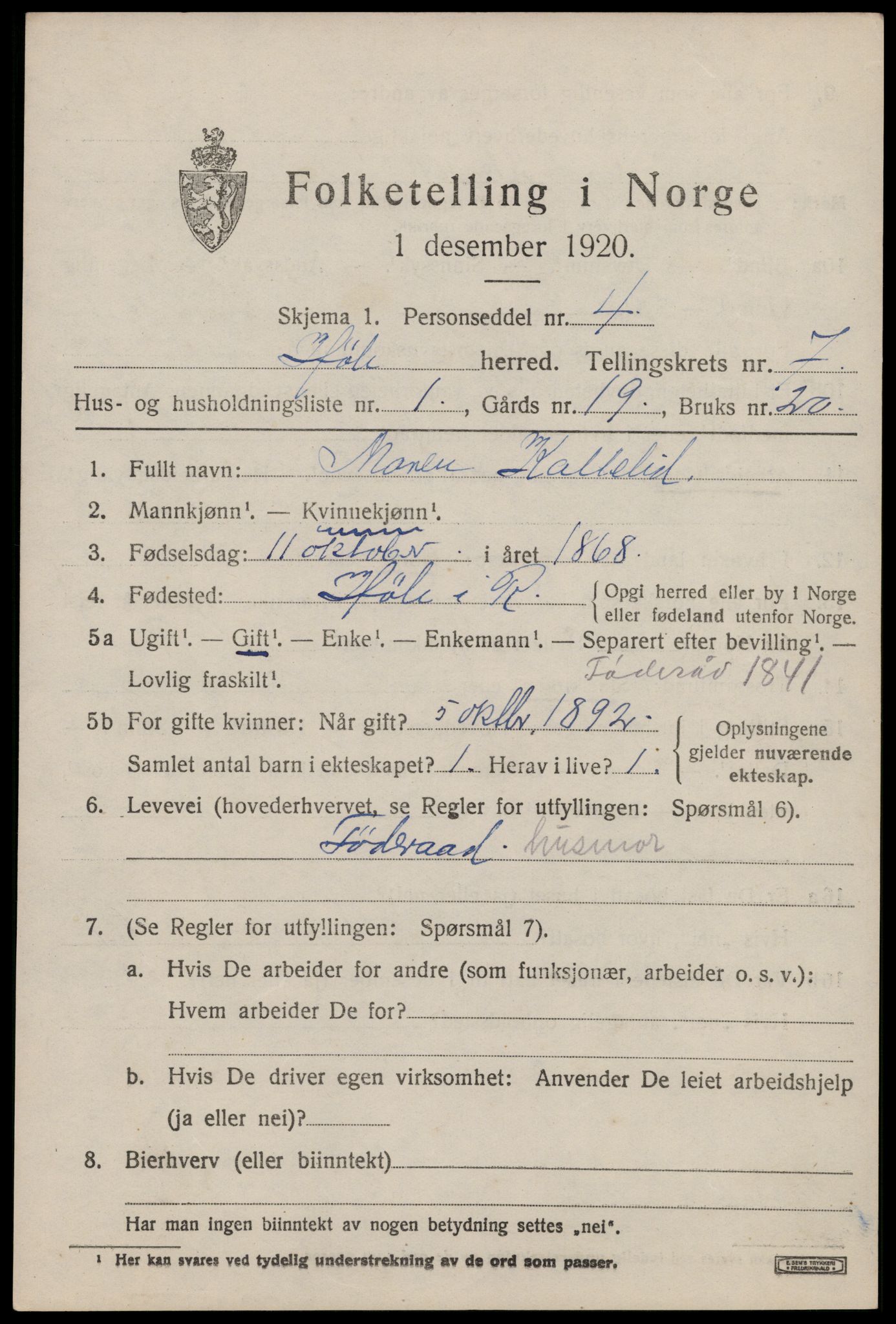 SAST, 1920 census for Høle, 1920, p. 2021