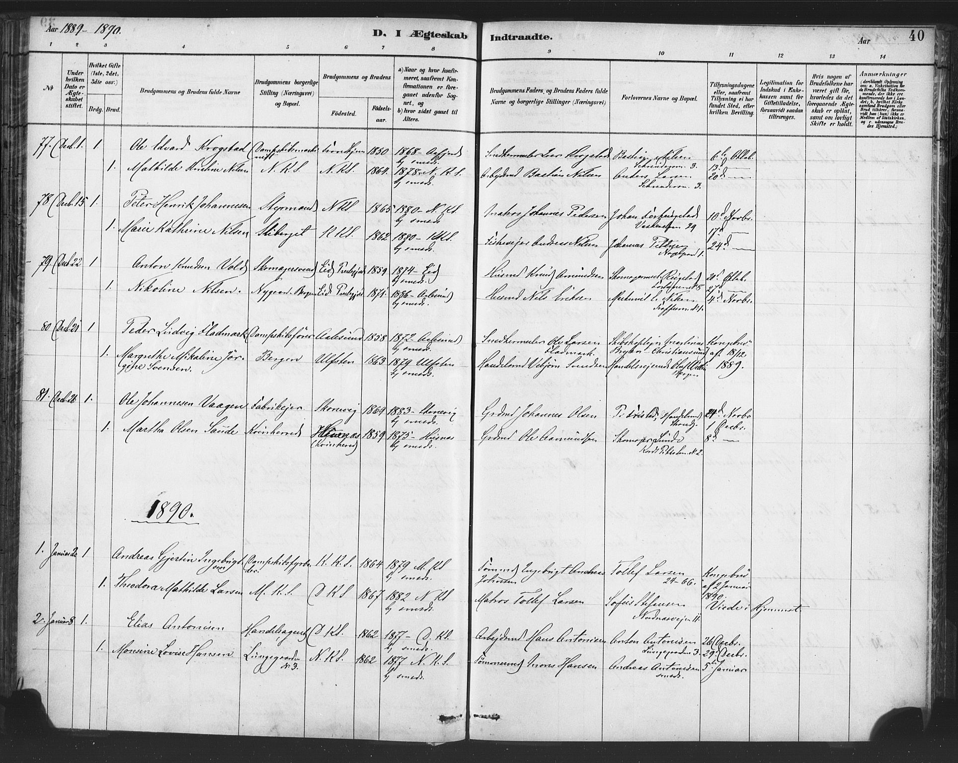 Nykirken Sokneprestembete, SAB/A-77101/H/Haa/L0033: Parish register (official) no. D 3, 1884-1895, p. 40