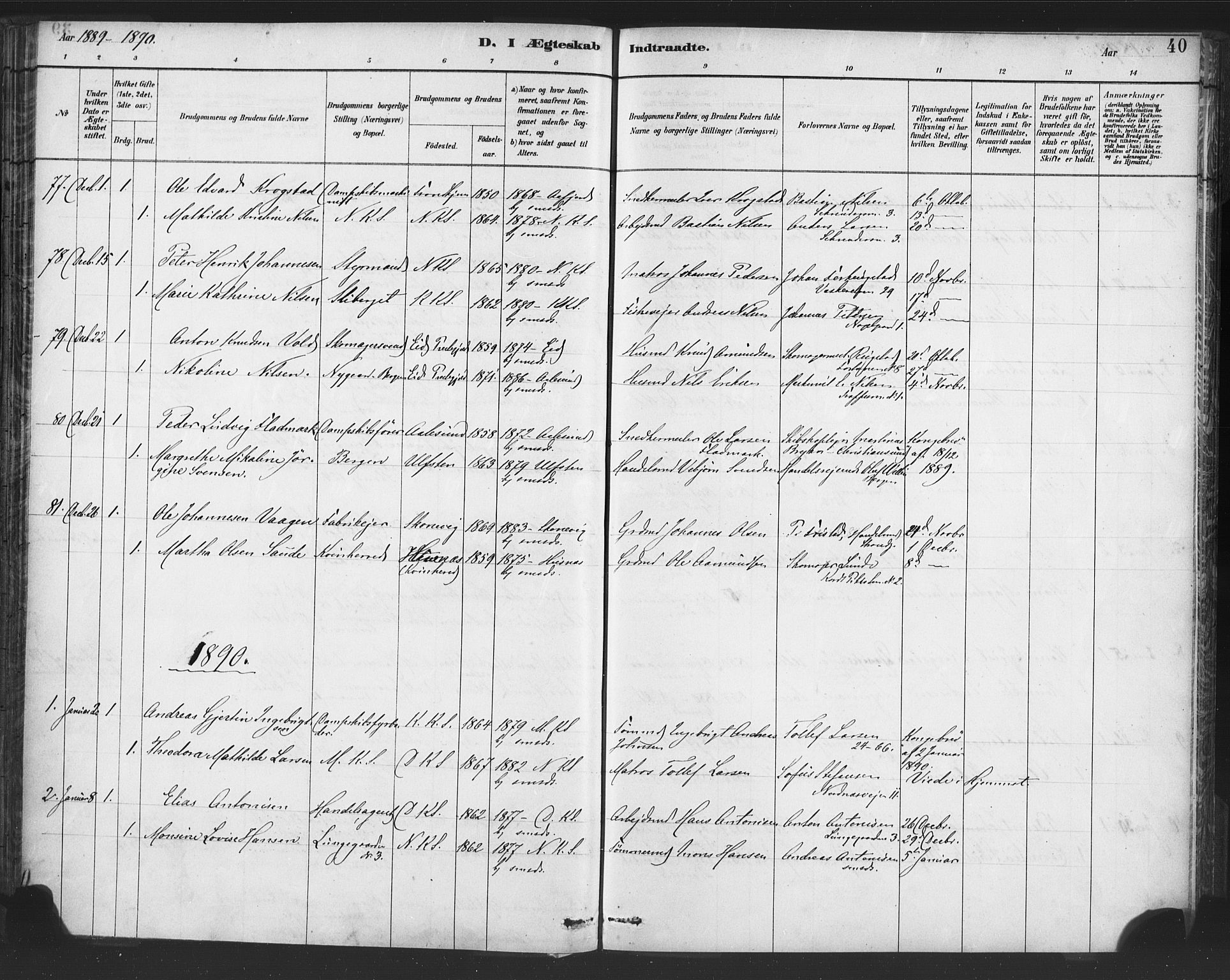 Nykirken Sokneprestembete, AV/SAB-A-77101/H/Haa/L0033: Parish register (official) no. D 3, 1884-1895, p. 40