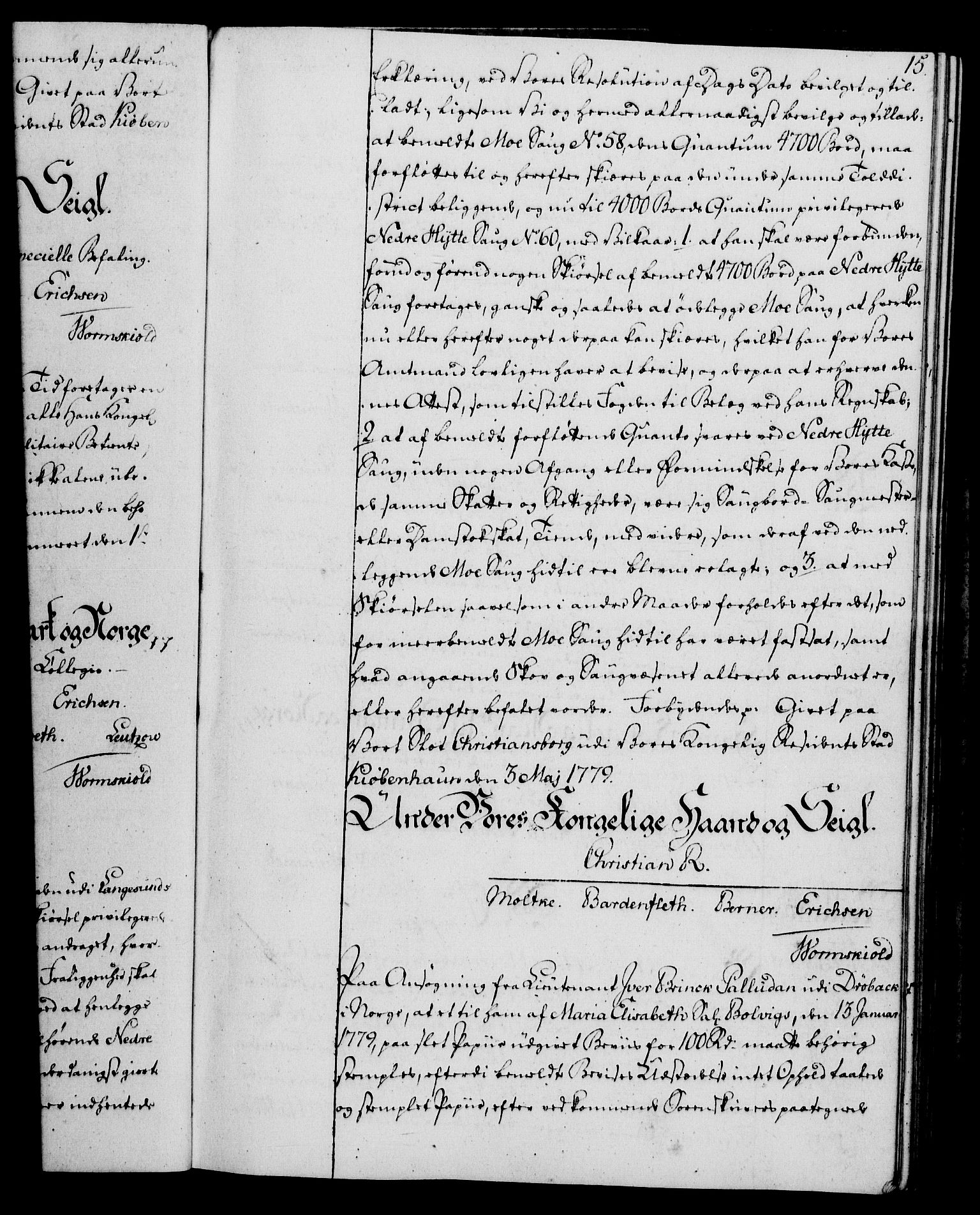 Rentekammeret, Kammerkanselliet, AV/RA-EA-3111/G/Gg/Gga/L0011: Norsk ekspedisjonsprotokoll med register (merket RK 53.11), 1779-1781, p. 15