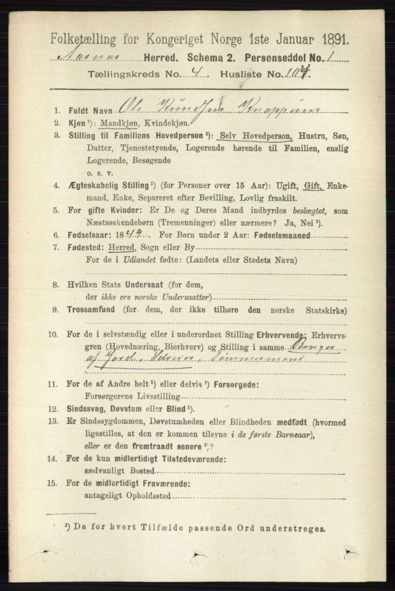 RA, 1891 census for 0425 Åsnes, 1891, p. 2233