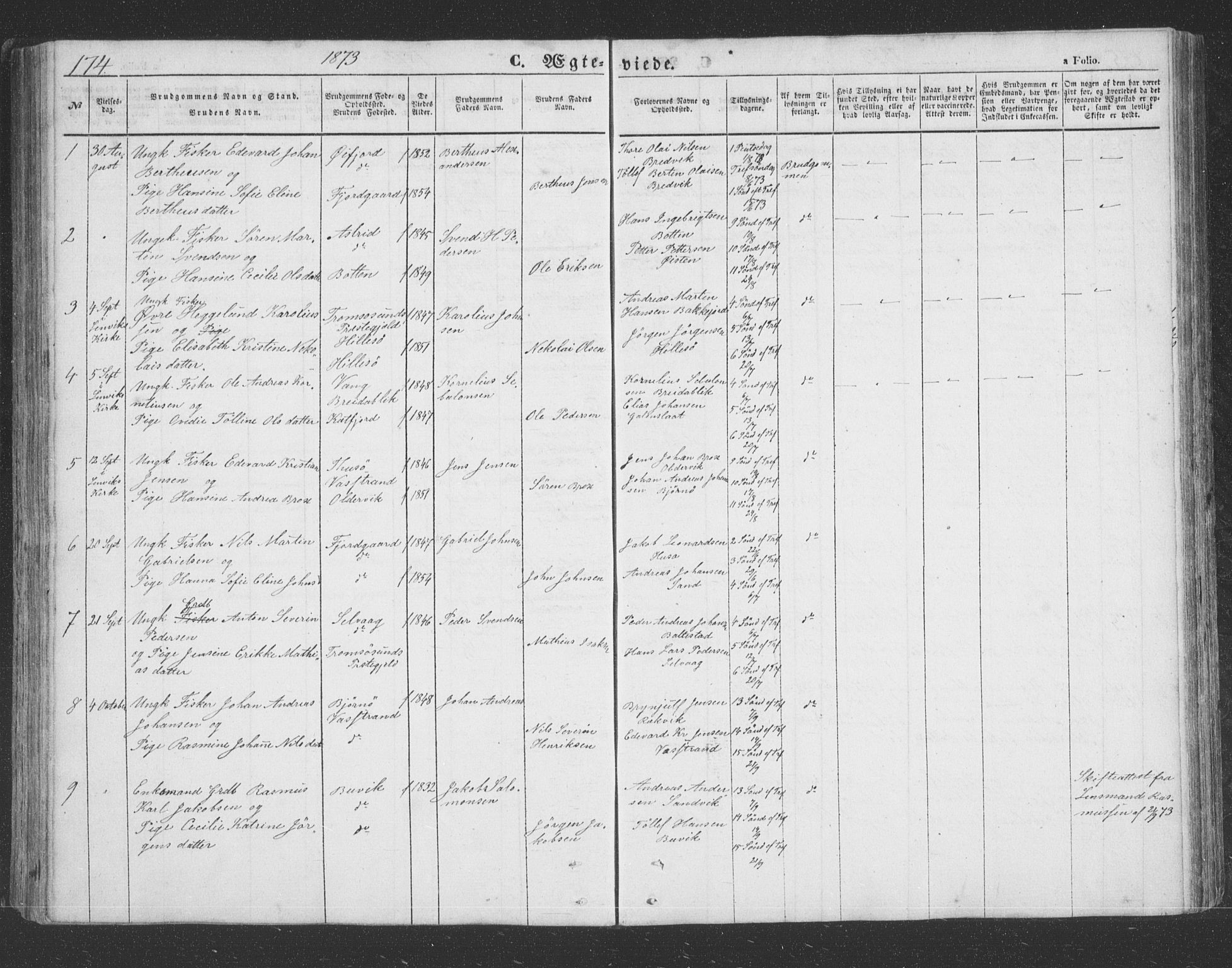 Lenvik sokneprestembete, AV/SATØ-S-1310/H/Ha/Hab/L0020klokker: Parish register (copy) no. 20, 1855-1883, p. 174