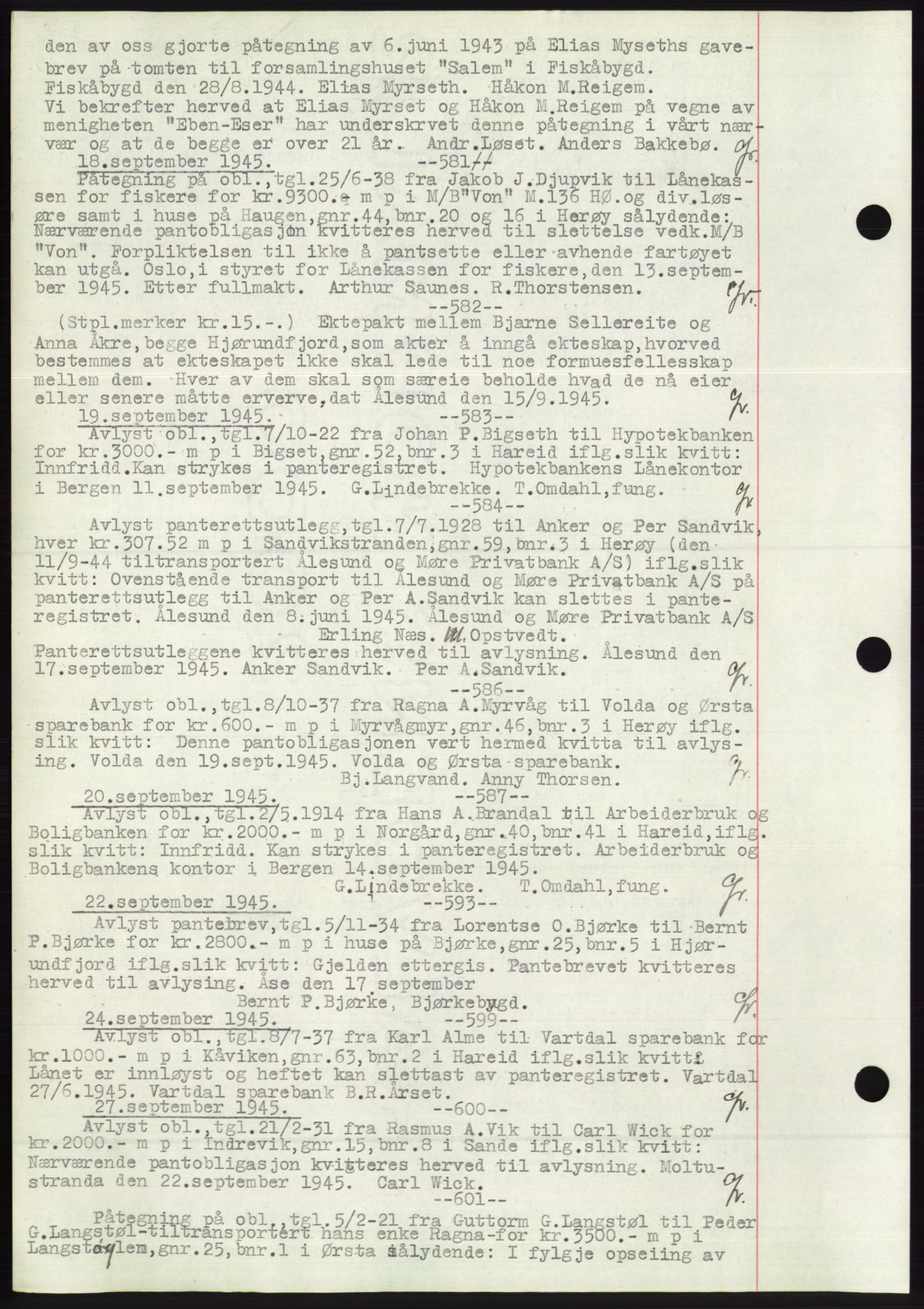 Søre Sunnmøre sorenskriveri, AV/SAT-A-4122/1/2/2C/L0072: Mortgage book no. 66, 1941-1955, Diary no: : 581/1945