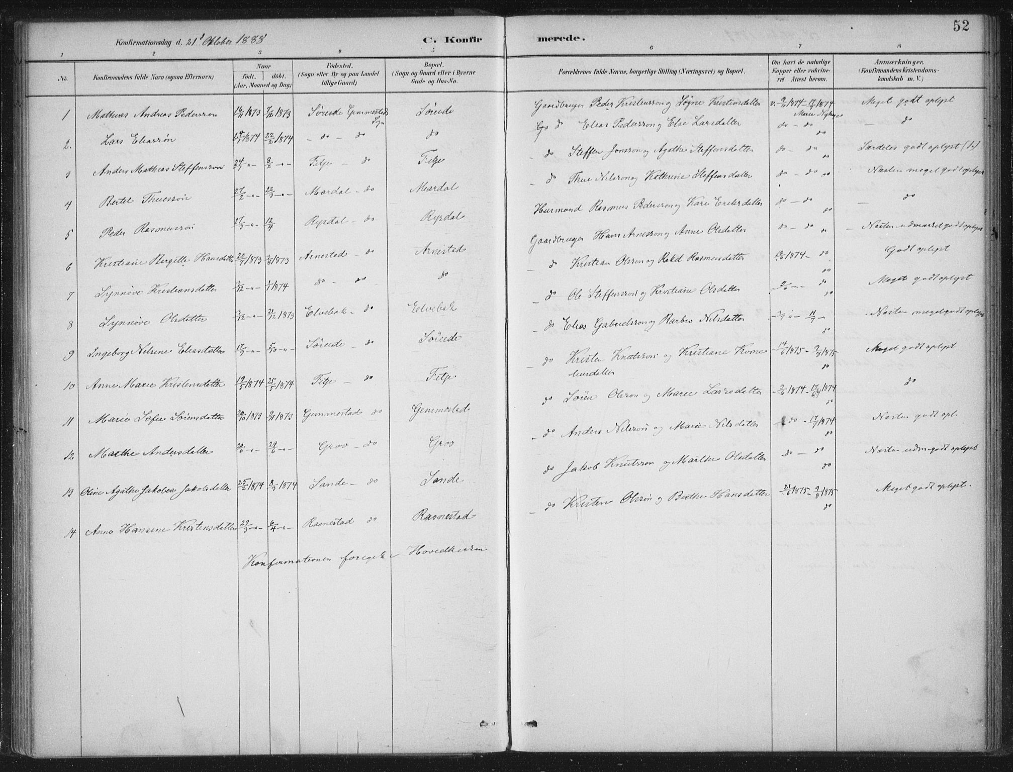 Gloppen sokneprestembete, SAB/A-80101/H/Haa/Haad/L0001: Parish register (official) no. D  1, 1885-1910, p. 52