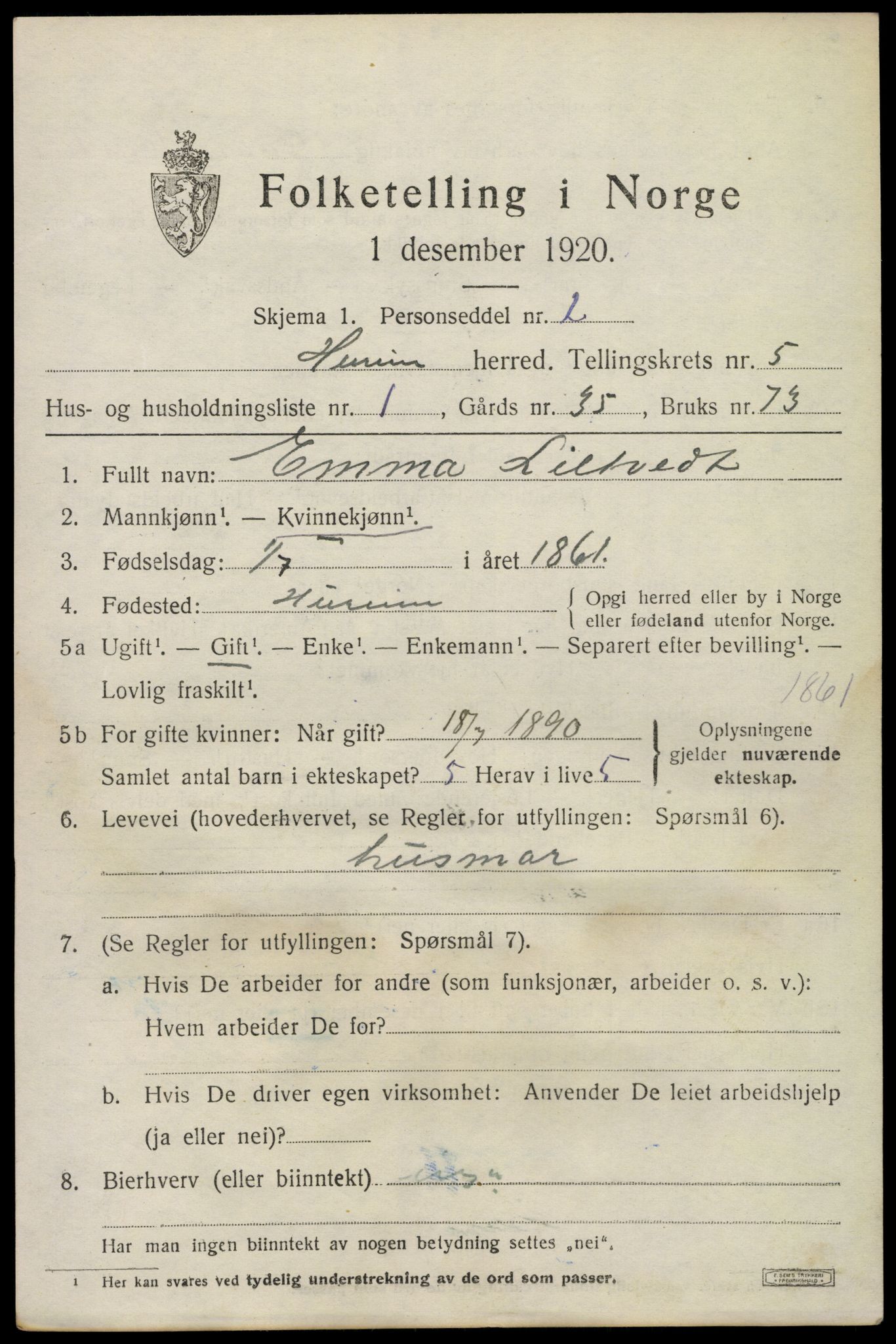 SAKO, 1920 census for Hurum, 1920, p. 6098