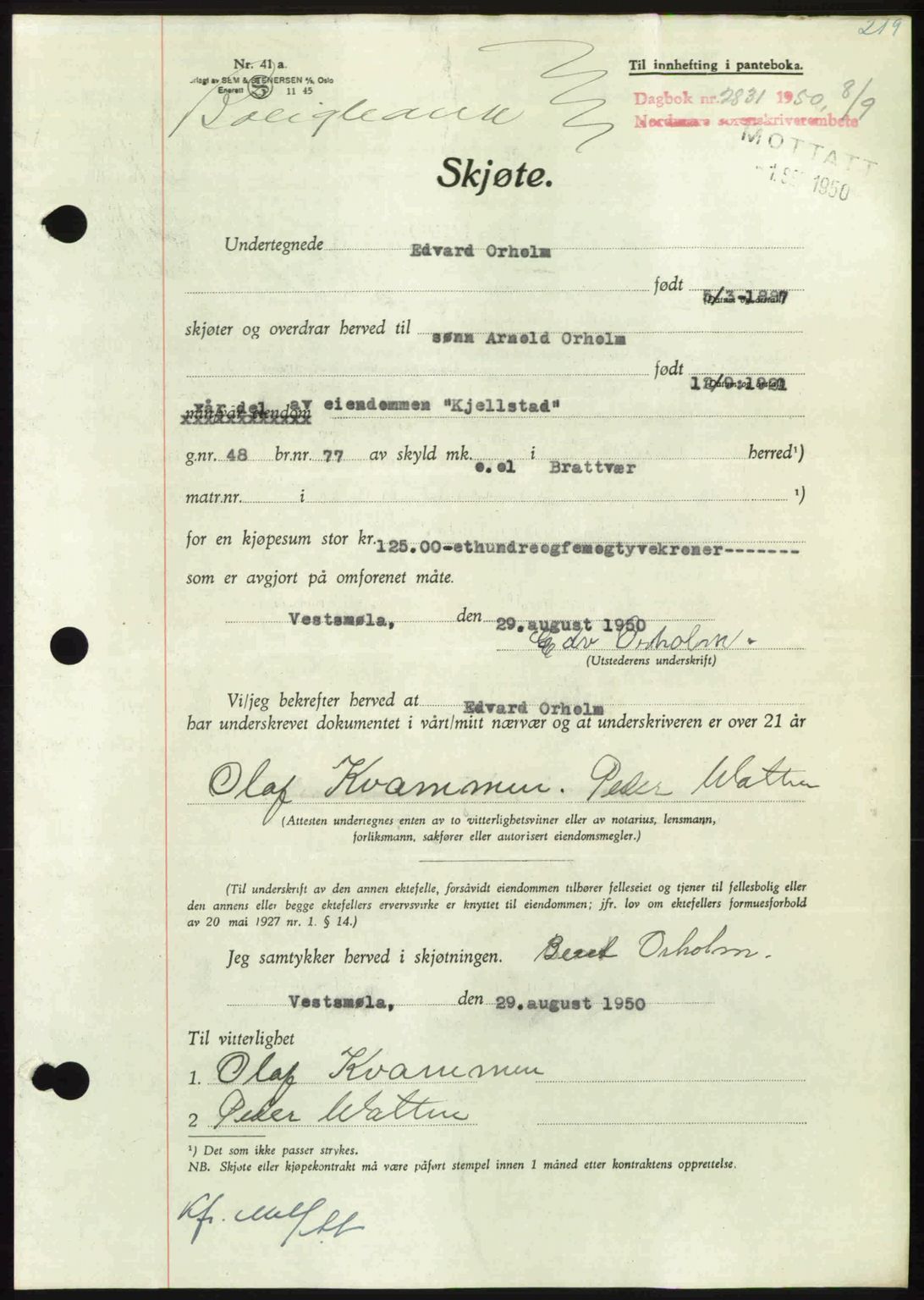 Nordmøre sorenskriveri, AV/SAT-A-4132/1/2/2Ca: Mortgage book no. A116, 1950-1950, Diary no: : 2831/1950