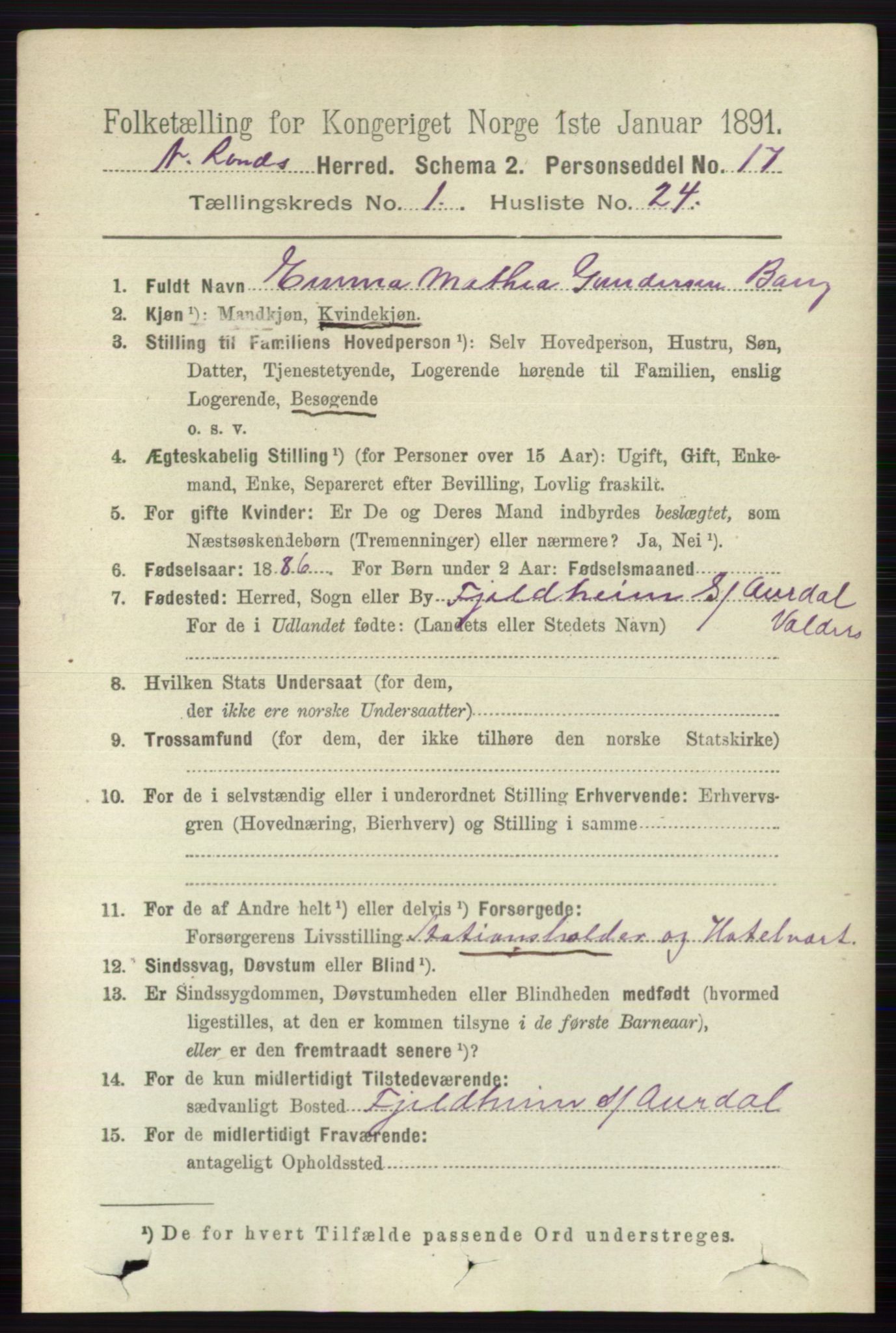 RA, 1891 census for 0538 Nordre Land, 1891, p. 264