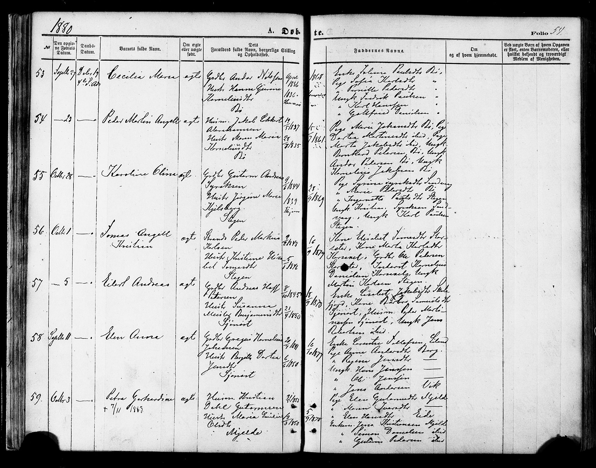 Ministerialprotokoller, klokkerbøker og fødselsregistre - Nordland, SAT/A-1459/855/L0802: Parish register (official) no. 855A10, 1875-1886, p. 54