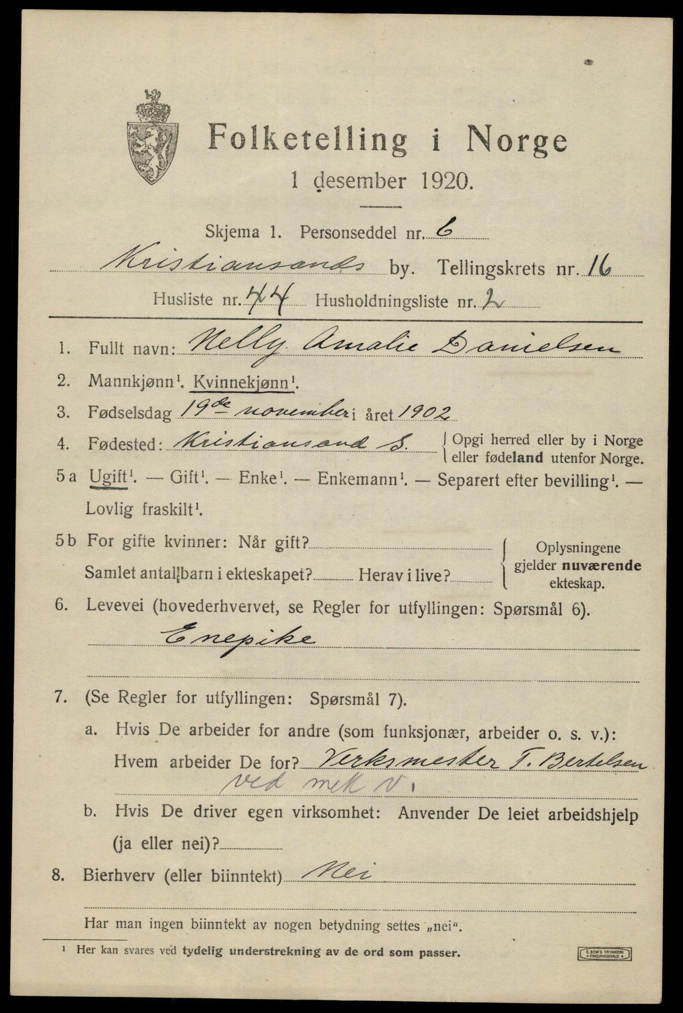 SAK, 1920 census for Kristiansand, 1920, p. 32383