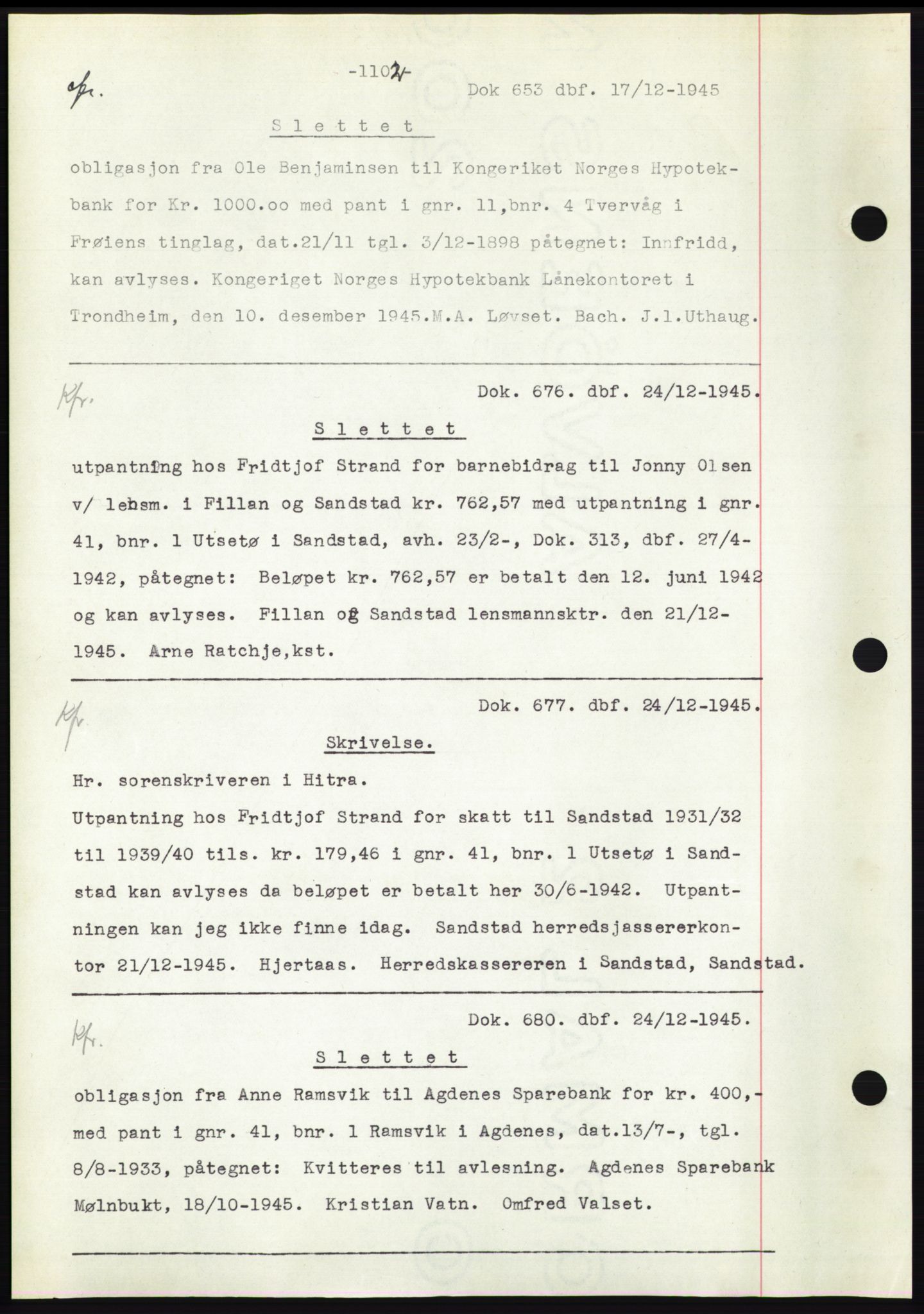 Hitra sorenskriveri, AV/SAT-A-0018/2/2C/2Ca: Mortgage book no. C1, 1936-1945, Diary no: : 653/1945