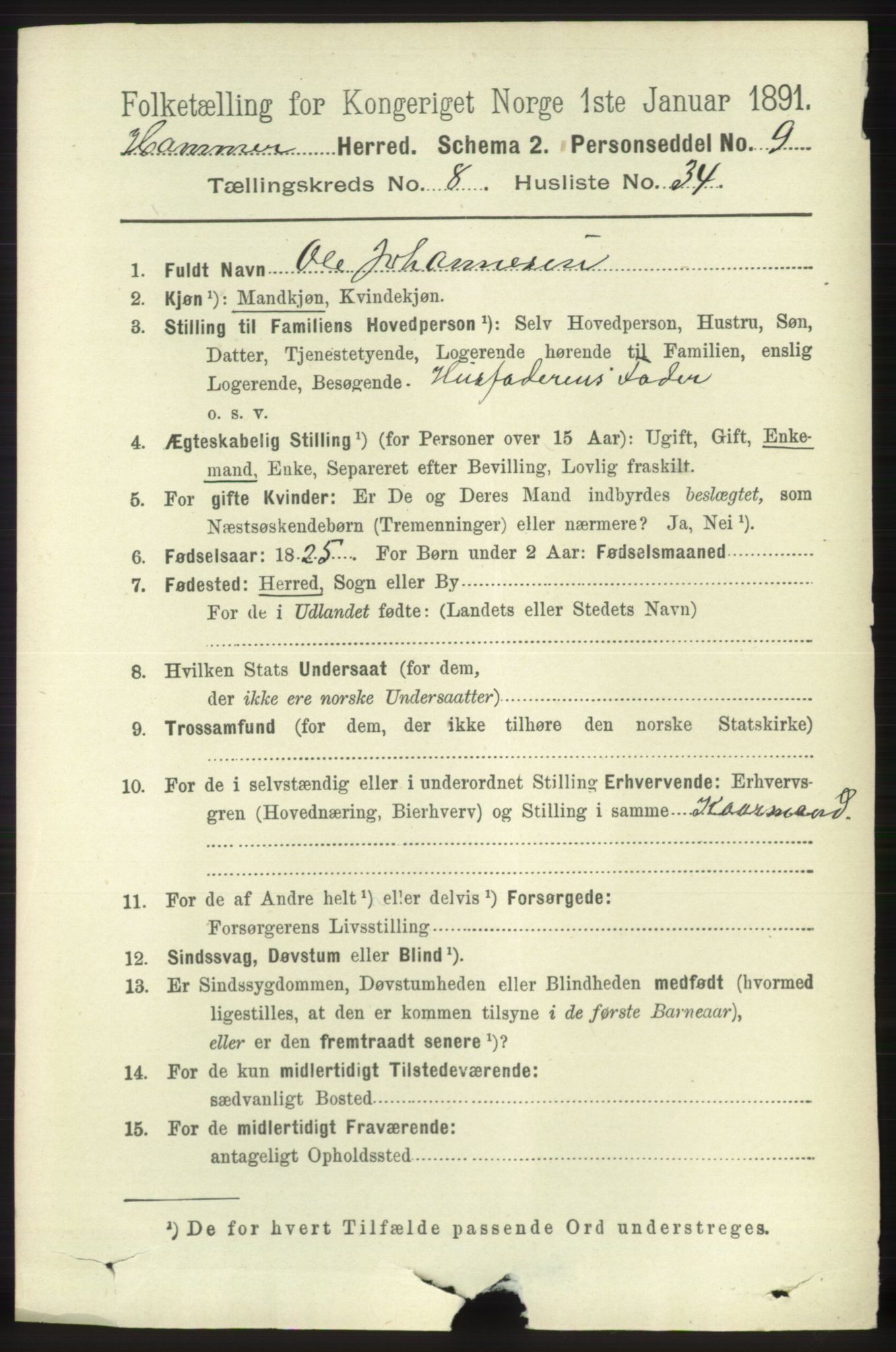 RA, 1891 census for 1254 Hamre, 1891, p. 2218