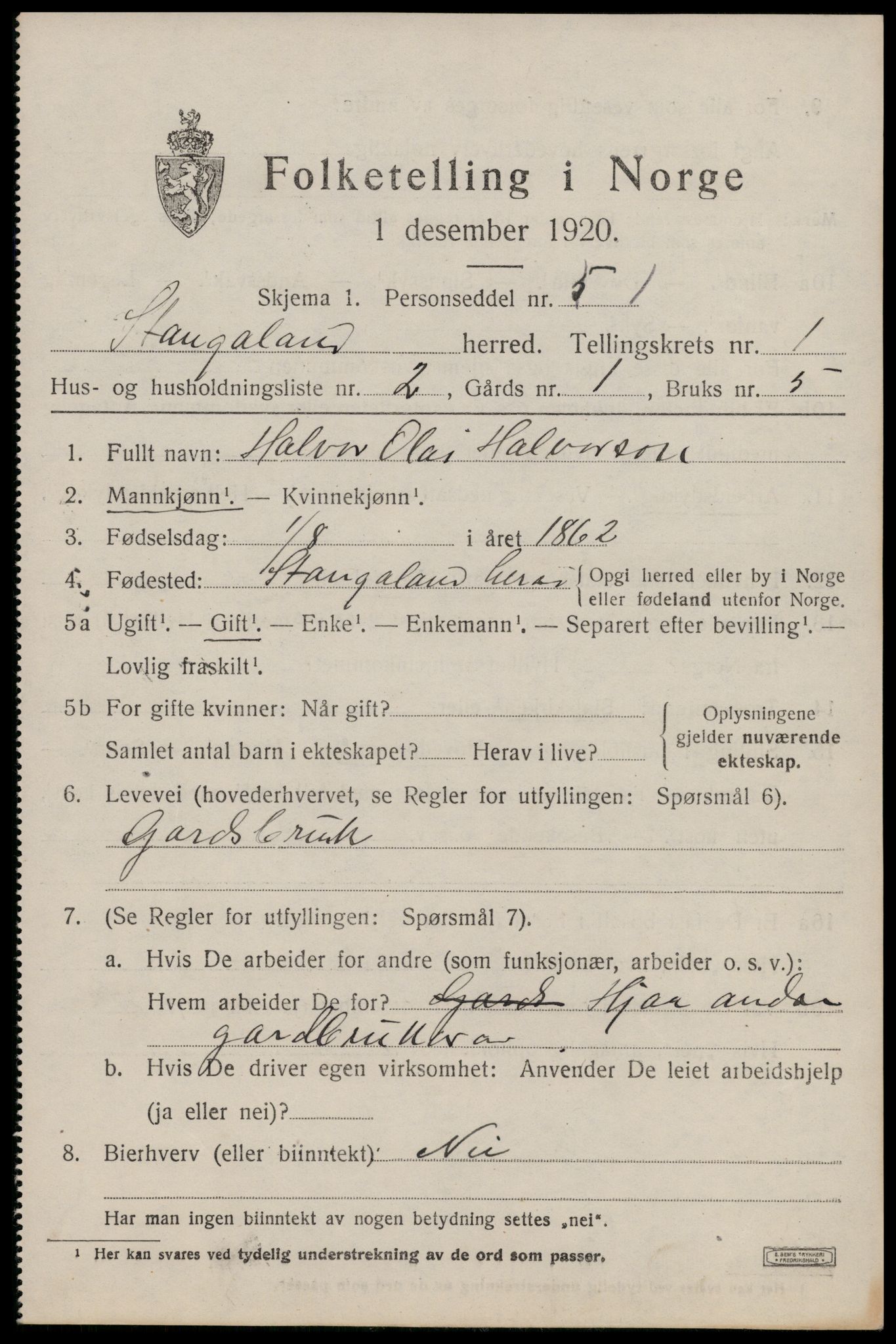 SAST, 1920 census for Stangaland, 1920, p. 591