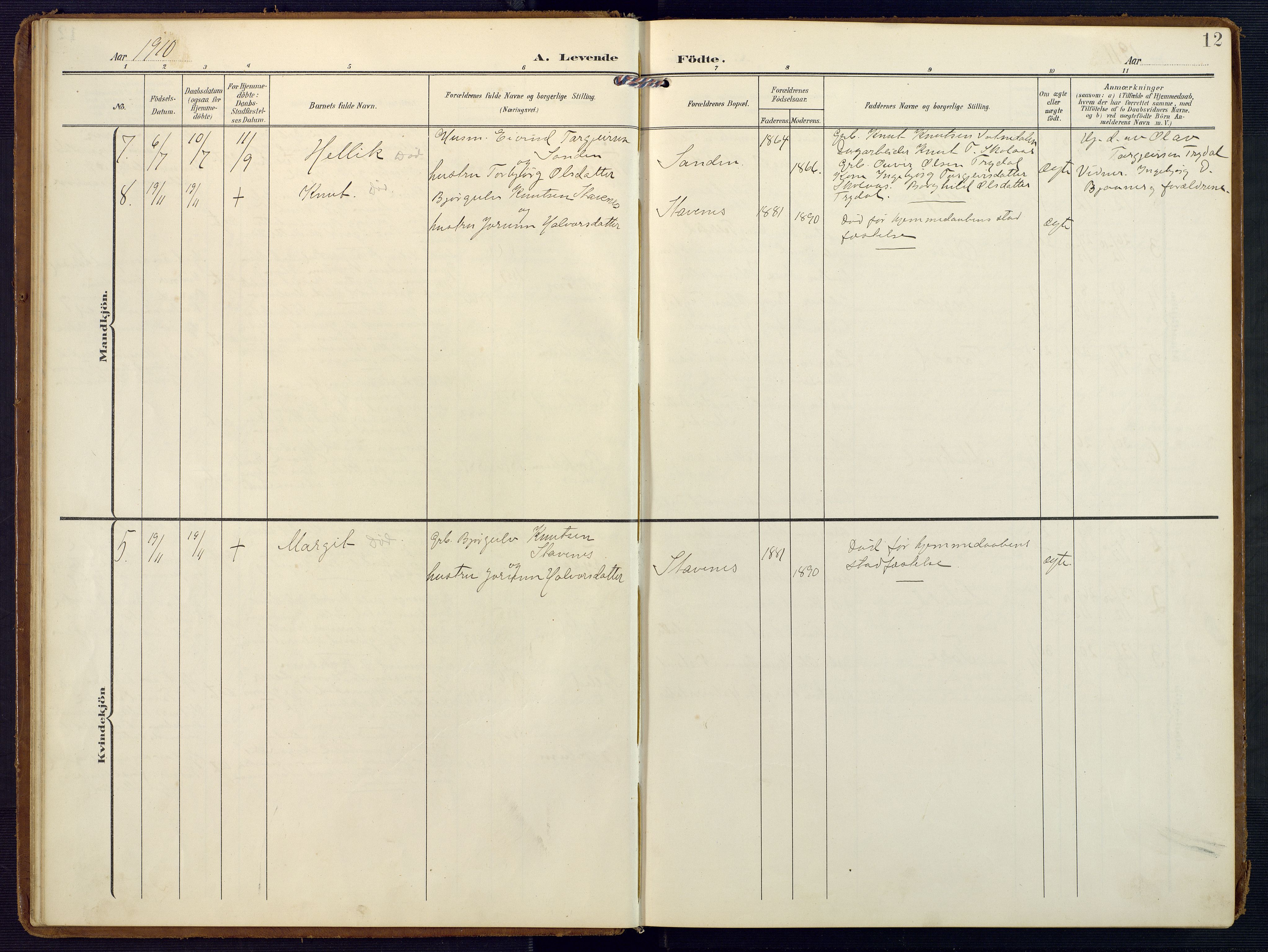 Valle sokneprestkontor, SAK/1111-0044/F/Fa/Faa/L0002: Parish register (official) no. A 2, 1907-1919, p. 12