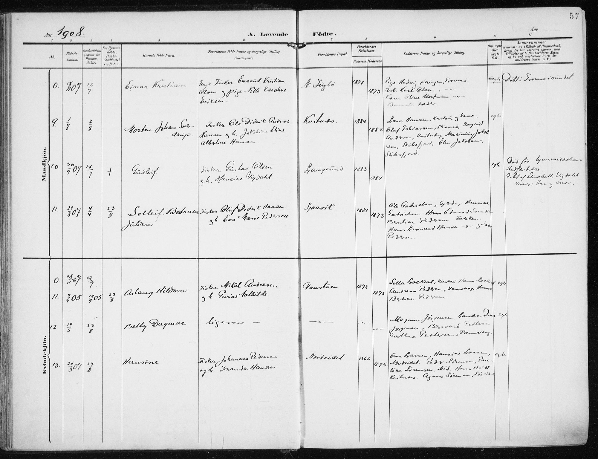 Karlsøy sokneprestembete, AV/SATØ-S-1299/H/Ha/Haa/L0014kirke: Parish register (official) no. 14, 1903-1917, p. 57