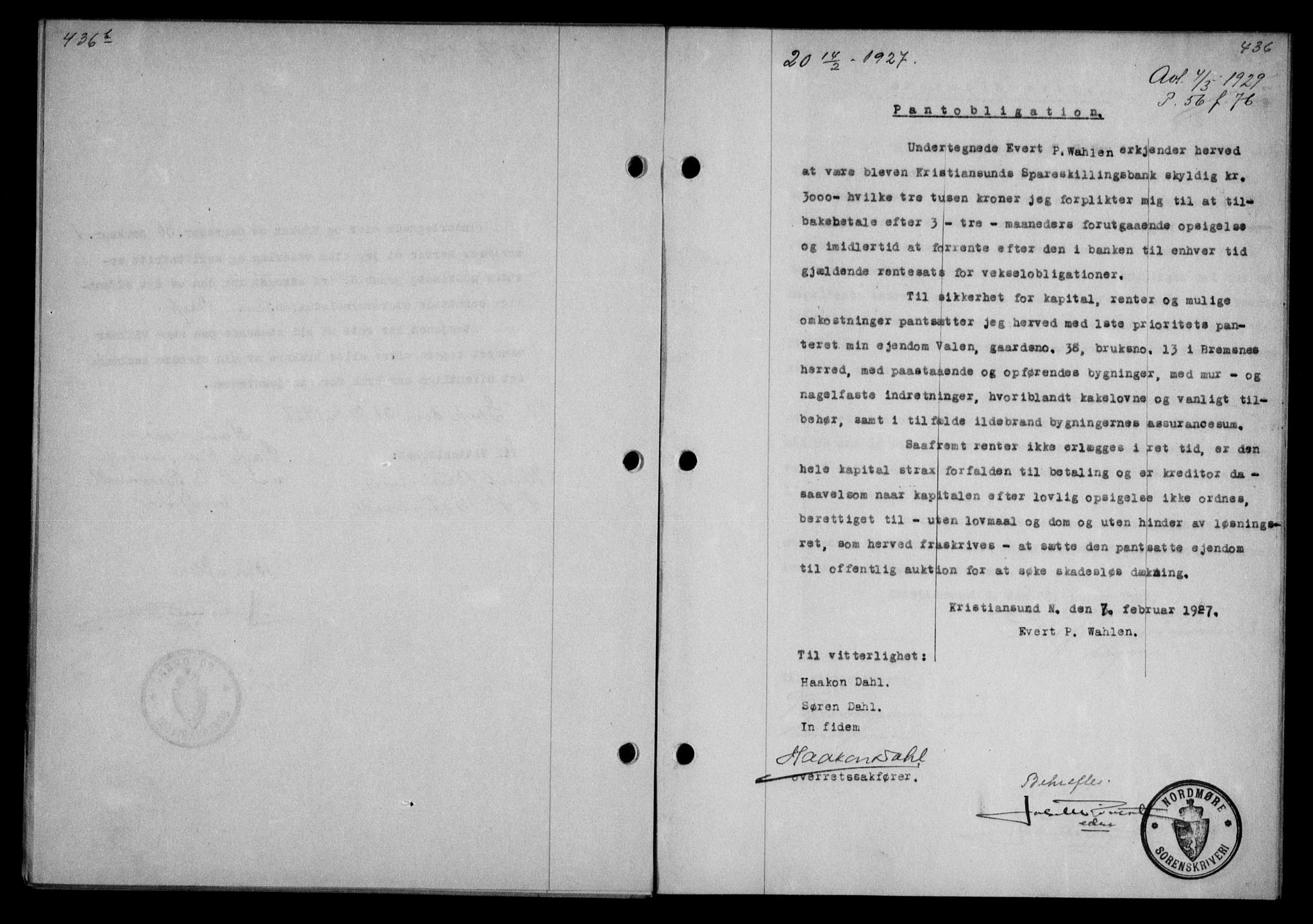 Nordmøre sorenskriveri, AV/SAT-A-4132/1/2/2Ca/L0061: Mortgage book no. 51, 1926-1927, Deed date: 14.02.1927