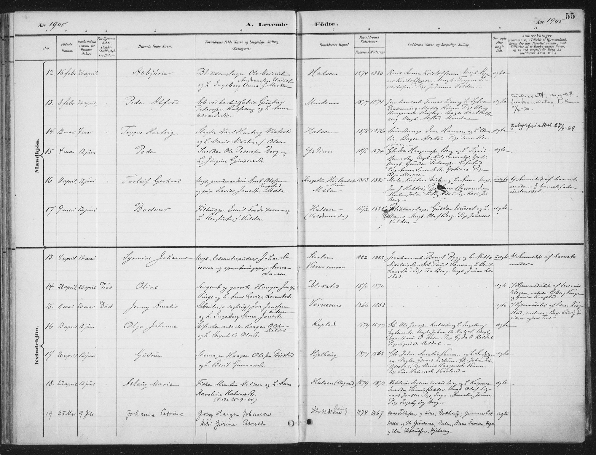 Ministerialprotokoller, klokkerbøker og fødselsregistre - Nord-Trøndelag, AV/SAT-A-1458/709/L0082: Parish register (official) no. 709A22, 1896-1916, p. 55