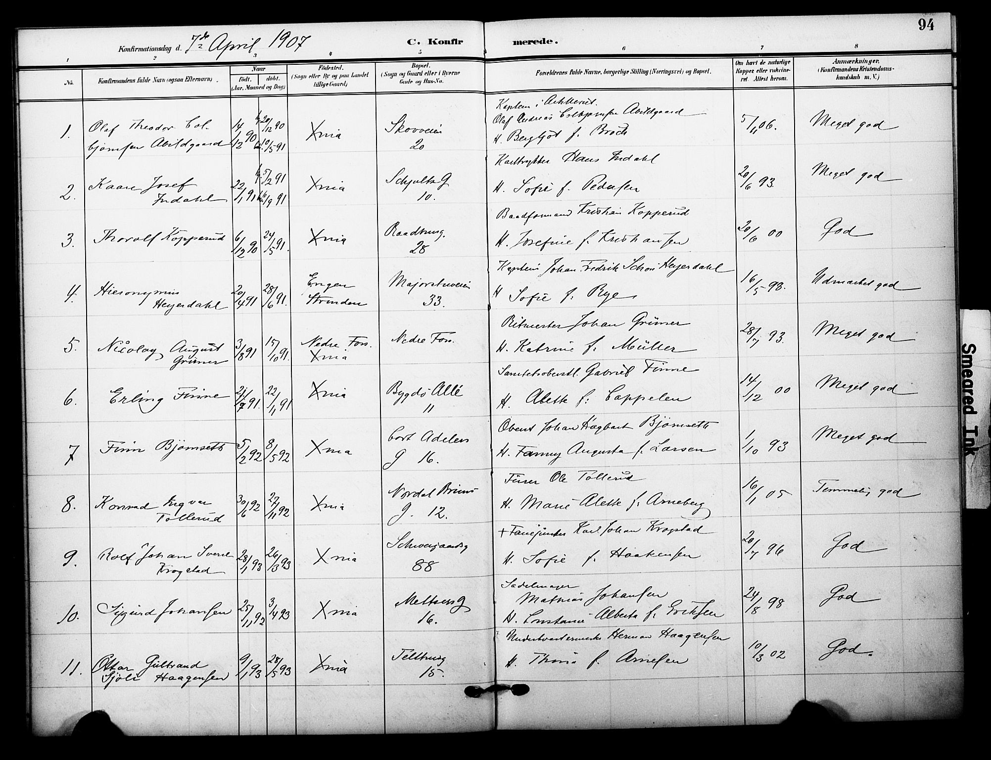 Garnisonsmenigheten Kirkebøker, AV/SAO-A-10846/F/Fa/L0014: Parish register (official) no. 14, 1905-1914, p. 94