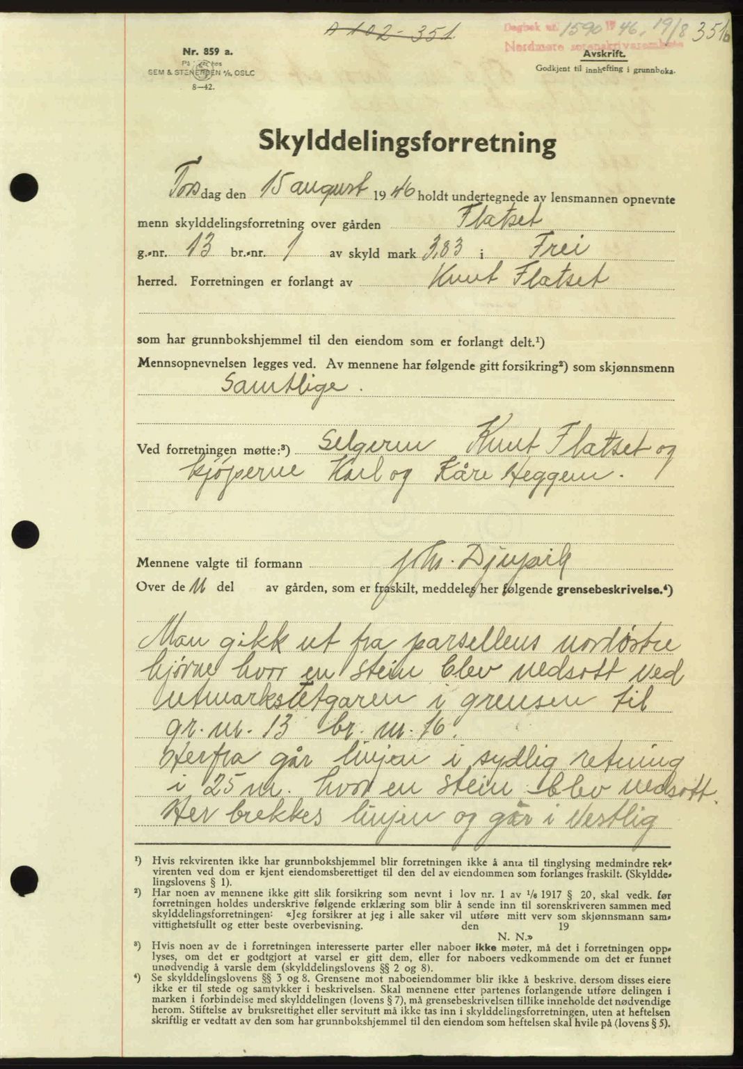 Nordmøre sorenskriveri, AV/SAT-A-4132/1/2/2Ca: Mortgage book no. A102, 1946-1946, Diary no: : 1590/1946