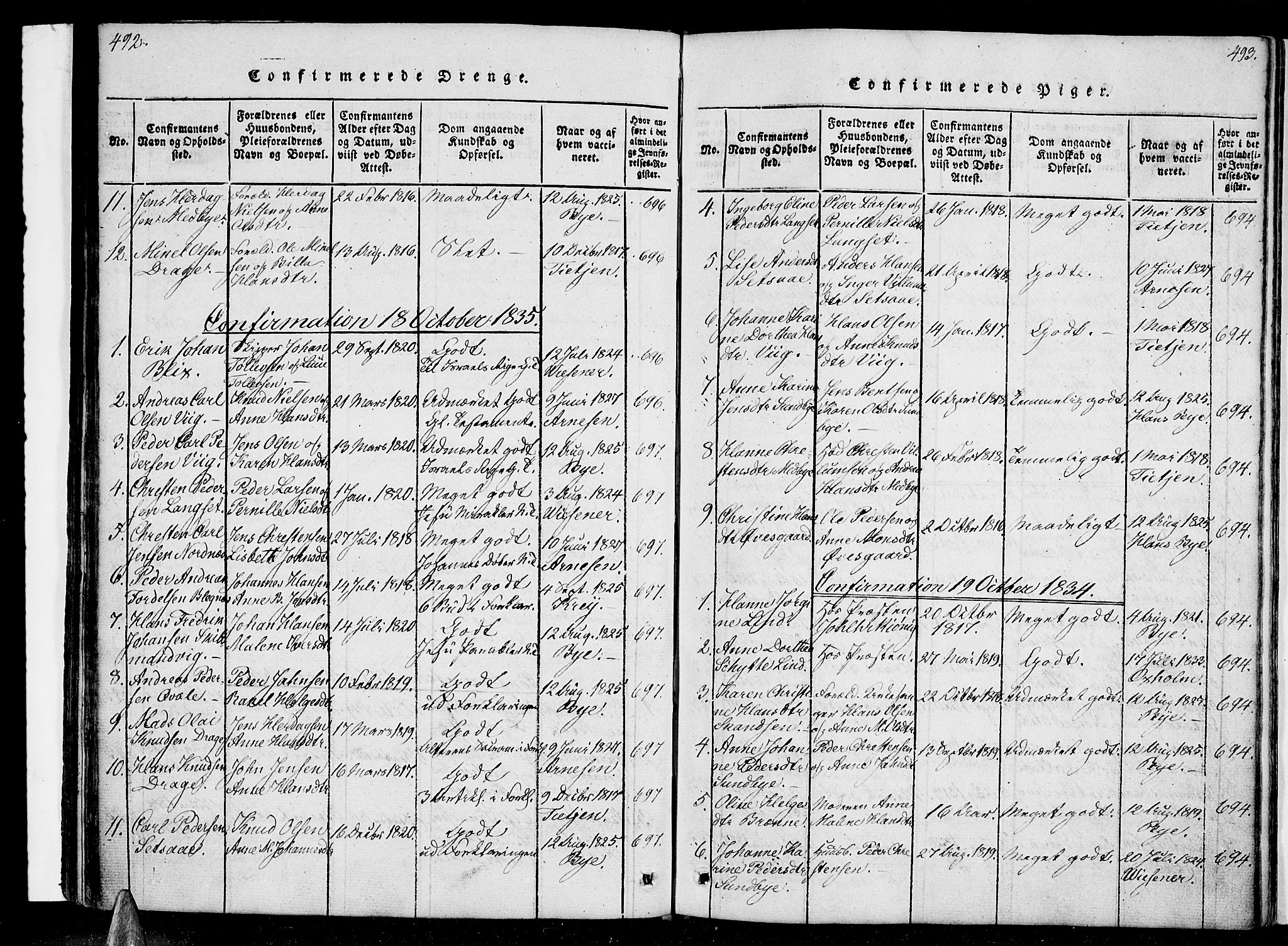 Ministerialprotokoller, klokkerbøker og fødselsregistre - Nordland, AV/SAT-A-1459/847/L0665: Parish register (official) no. 847A05, 1818-1841, p. 492-493