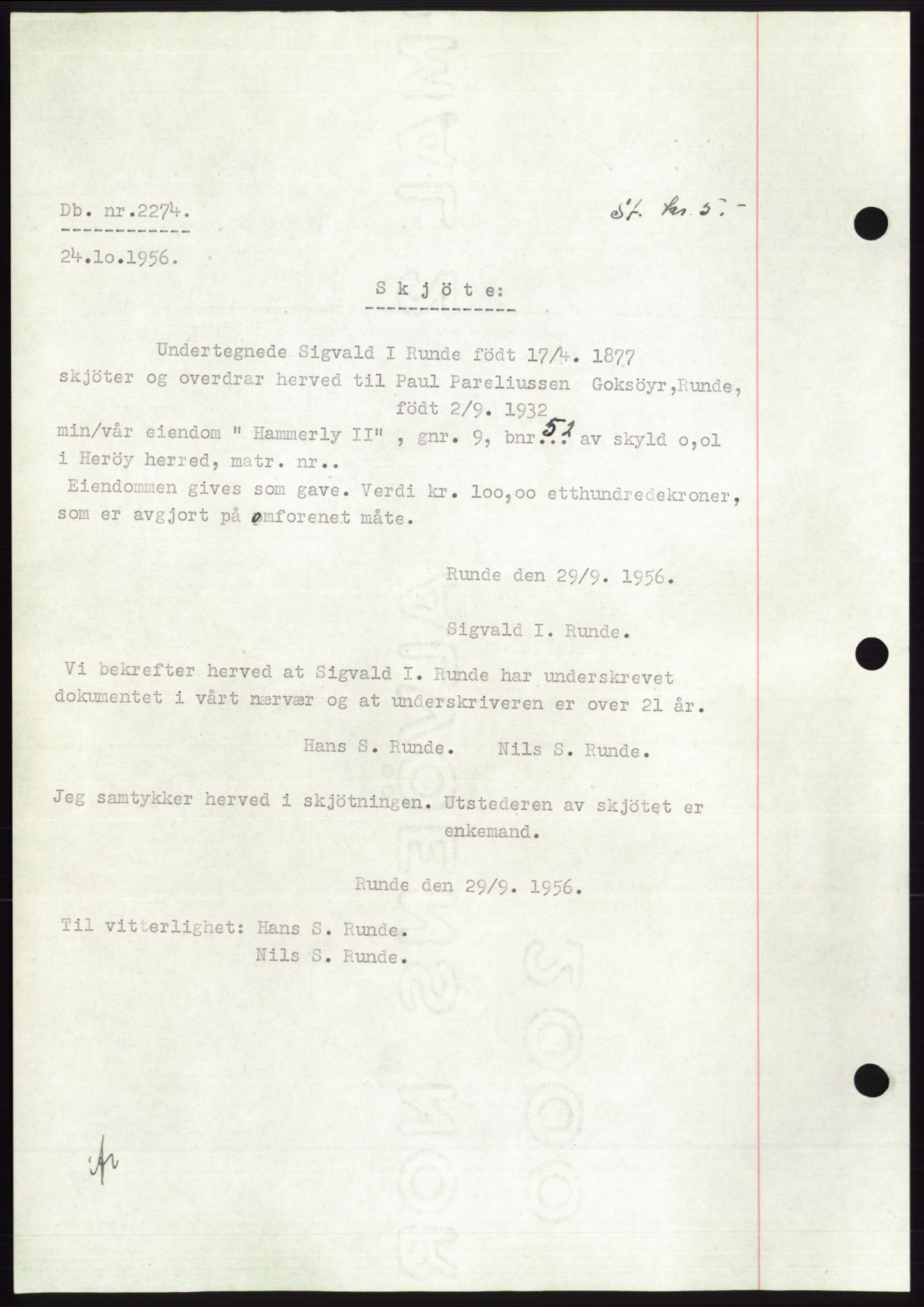 Søre Sunnmøre sorenskriveri, AV/SAT-A-4122/1/2/2C/L0104: Mortgage book no. 30A, 1956-1956, Diary no: : 2274/1956