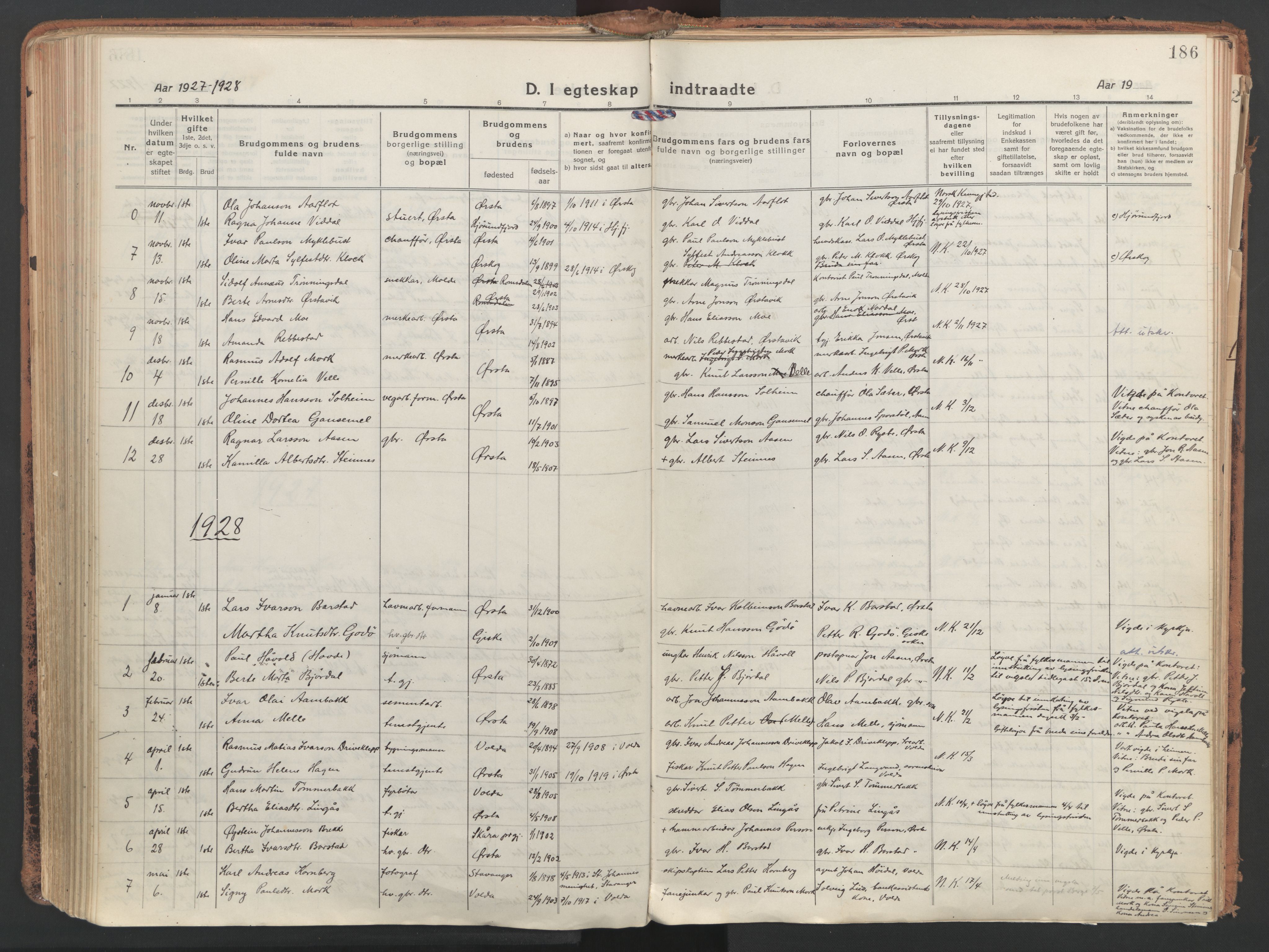 Ministerialprotokoller, klokkerbøker og fødselsregistre - Møre og Romsdal, AV/SAT-A-1454/513/L0180: Parish register (official) no. 513A07, 1919-1929, p. 186