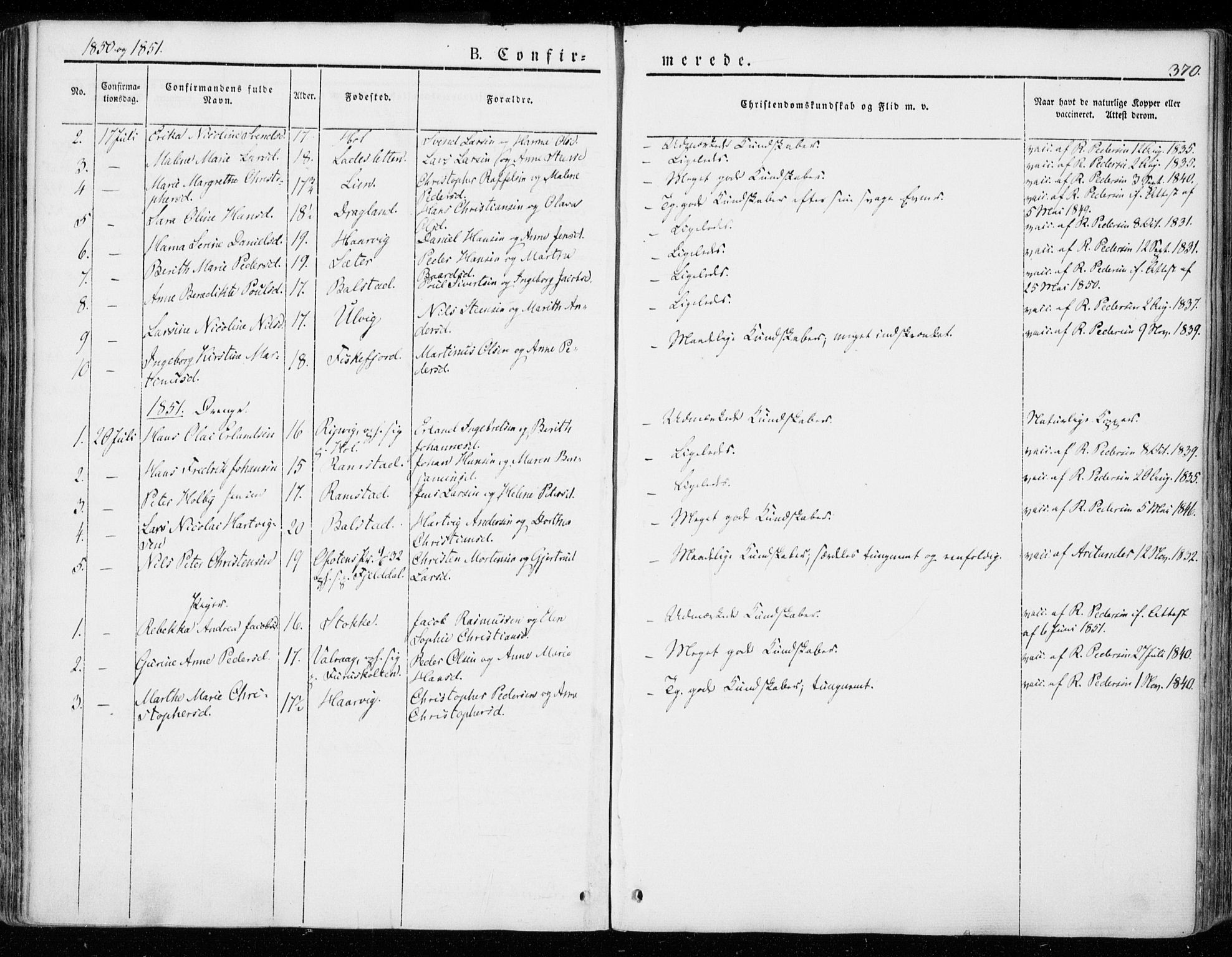 Ministerialprotokoller, klokkerbøker og fødselsregistre - Nordland, AV/SAT-A-1459/872/L1033: Parish register (official) no. 872A08, 1840-1863, p. 370