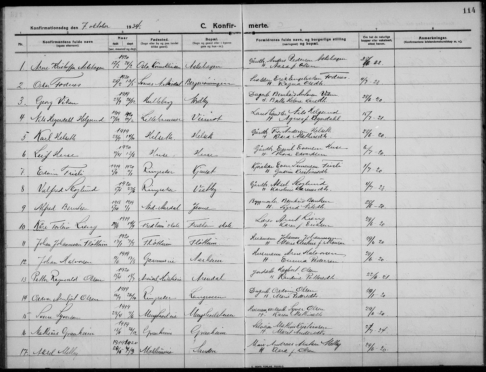 Nes prestekontor, Hedmark, AV/SAH-PREST-020/L/La/L0009: Parish register (copy) no. 9, 1913-1936, p. 114