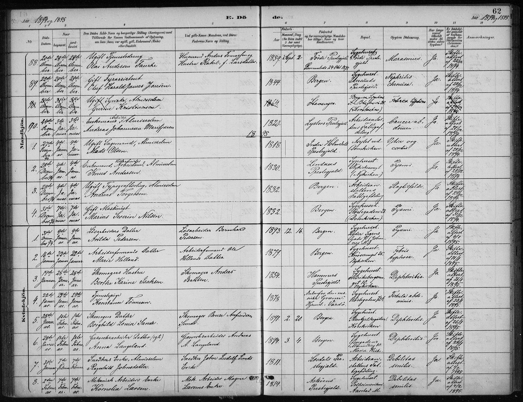 Bergen kommunale pleiehjem - stiftelsespresten, AV/SAB-A-100281: Parish register (official) no. A 5, 1887-1908, p. 62