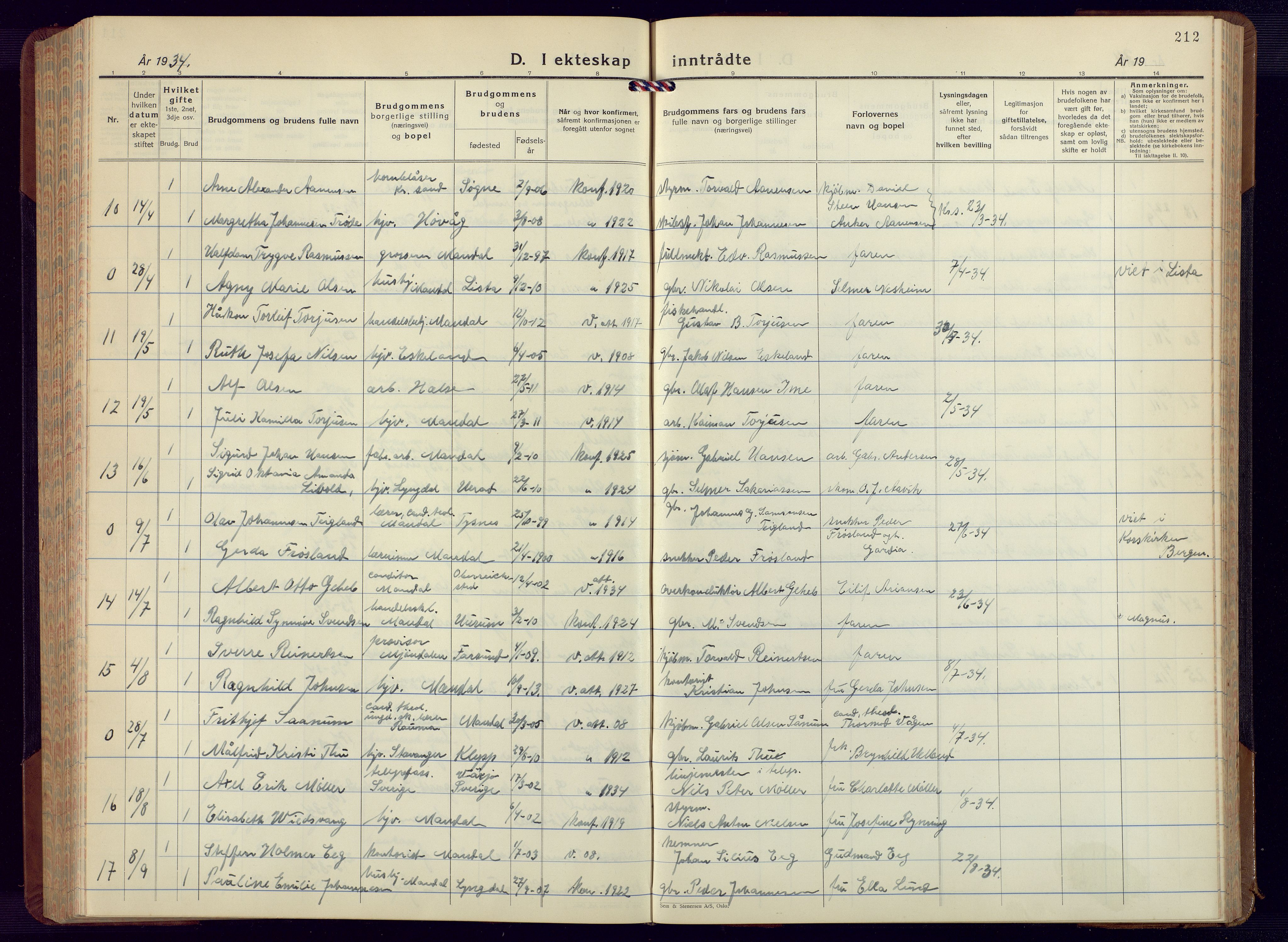 Mandal sokneprestkontor, AV/SAK-1111-0030/F/Fb/Fbc/L0002: Parish register (copy) no. B 2, 1931-1949, p. 212