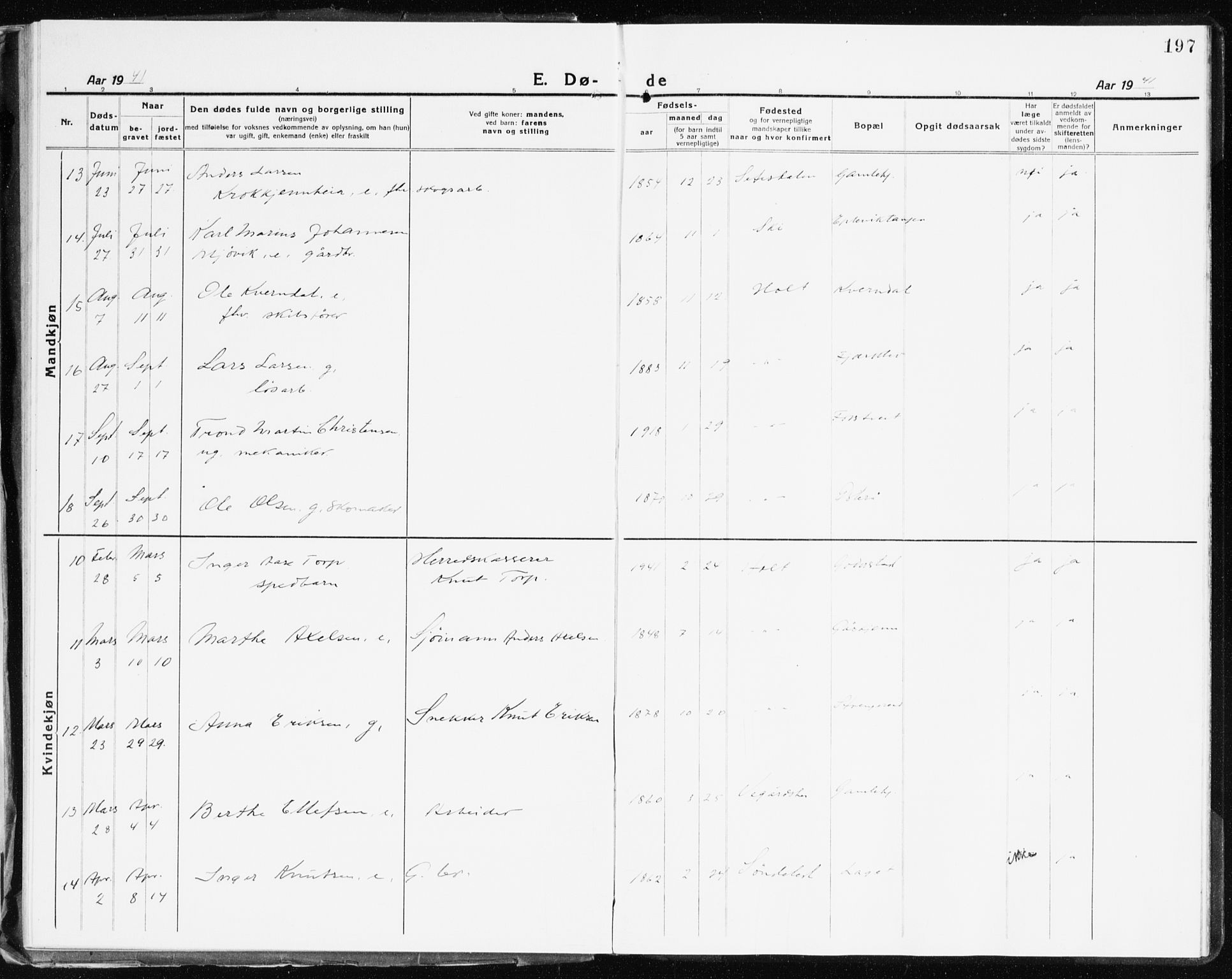 Holt sokneprestkontor, AV/SAK-1111-0021/F/Fb/L0012: Parish register (copy) no. B 12, 1919-1944, p. 197