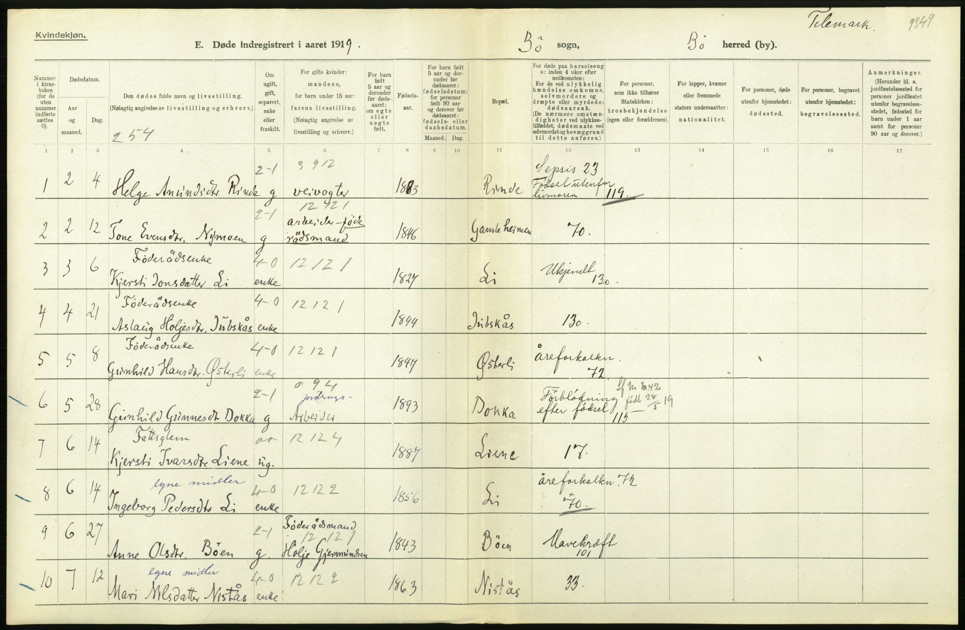 Statistisk sentralbyrå, Sosiodemografiske emner, Befolkning, AV/RA-S-2228/D/Df/Dfb/Dfbi/L0023: Telemark fylke: Døde. Bygder og byer., 1919, p. 262