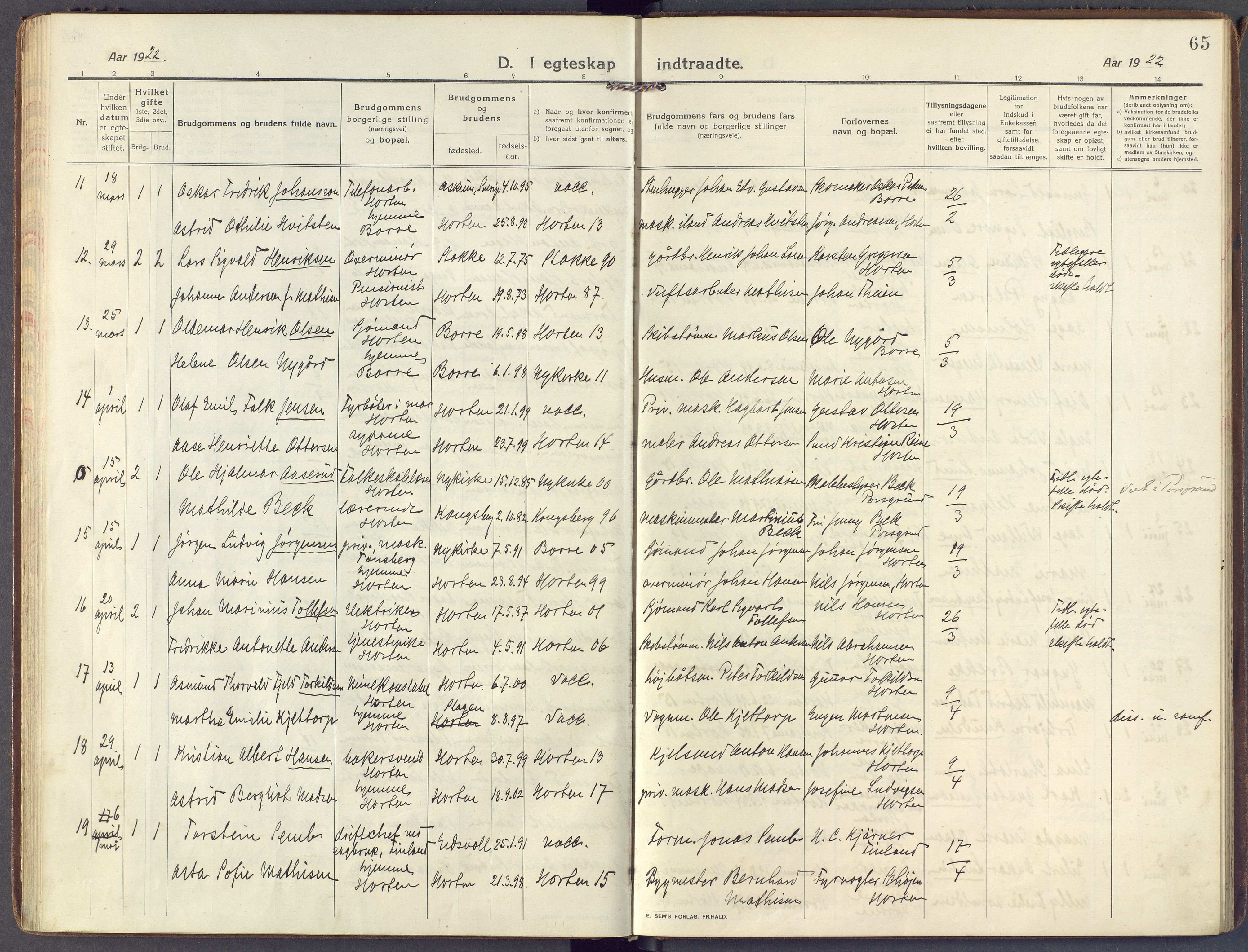 Horten kirkebøker, SAKO/A-348/F/Fa/L0008: Parish register (official) no. 8, 1913-1924, p. 65